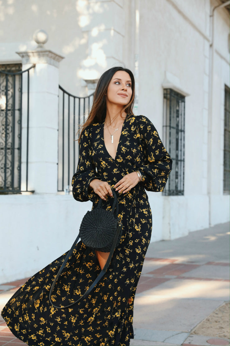 GANNI Black based floral, long Wrap Dress Size 40 AU12 US8 Balloon sleeve