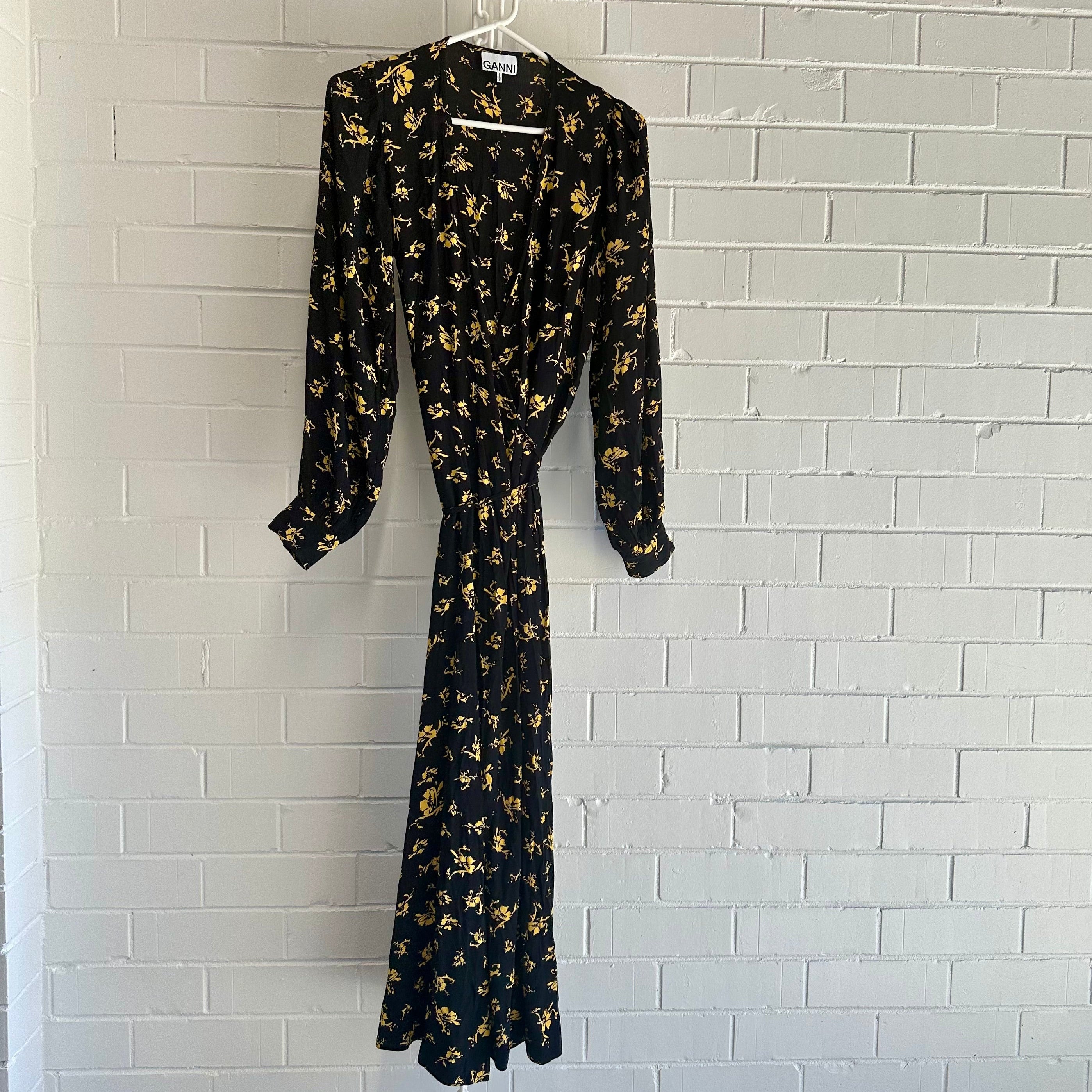 GANNI Black based floral, long Wrap Dress Size 40 AU12 US8 Balloon sleeve