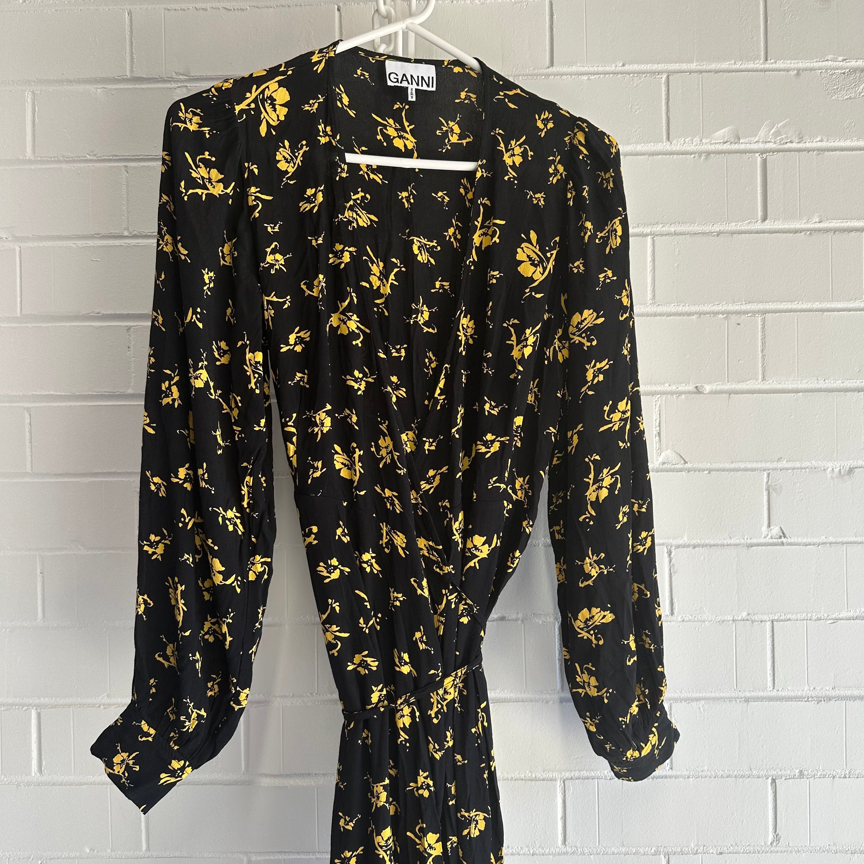 GANNI Black based floral, long Wrap Dress Size 40 AU12 US8 Balloon sleeve