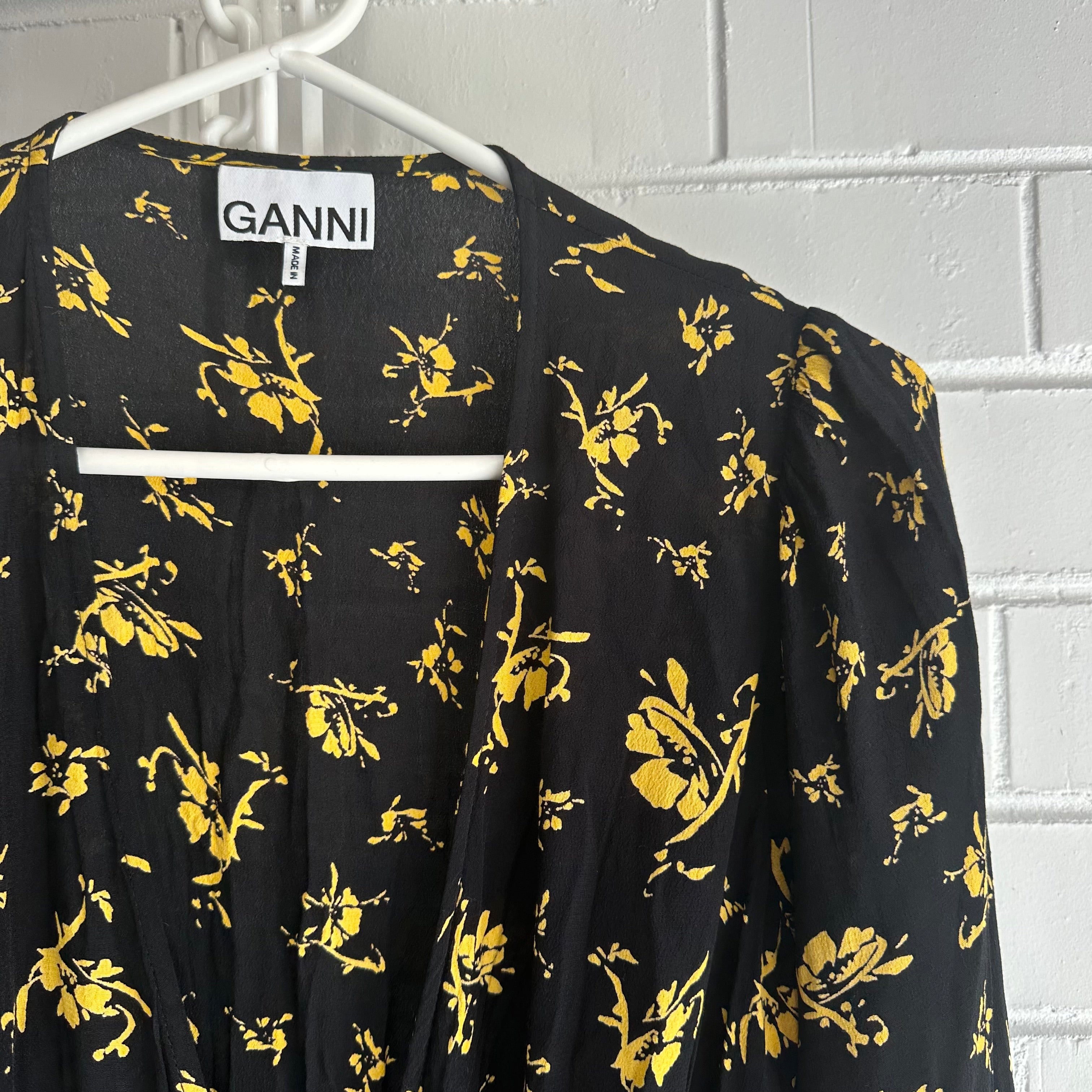 GANNI Black based floral, long Wrap Dress Size 40 AU12 US8 Balloon sleeve