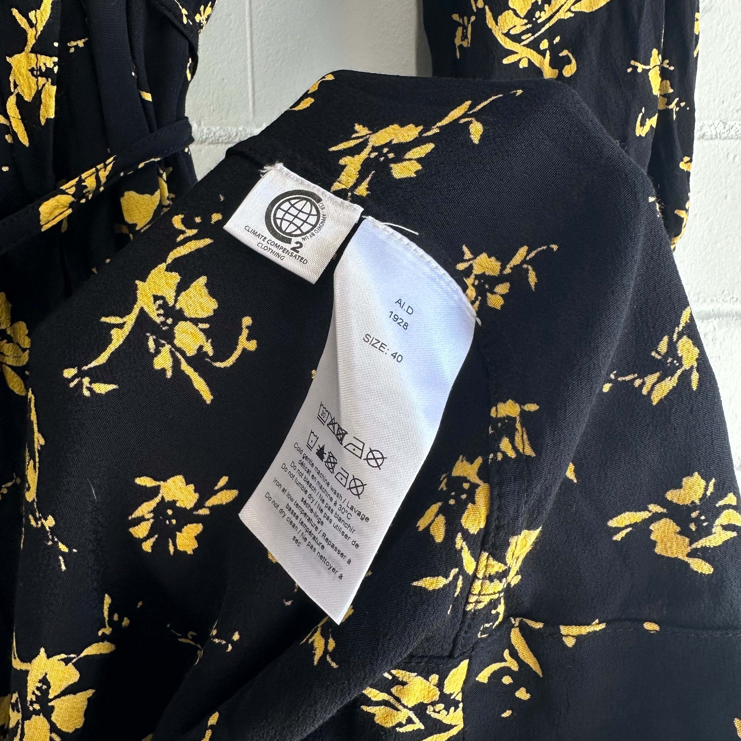 GANNI Black based floral, long Wrap Dress Size 40 AU12 US8 Balloon sleeve