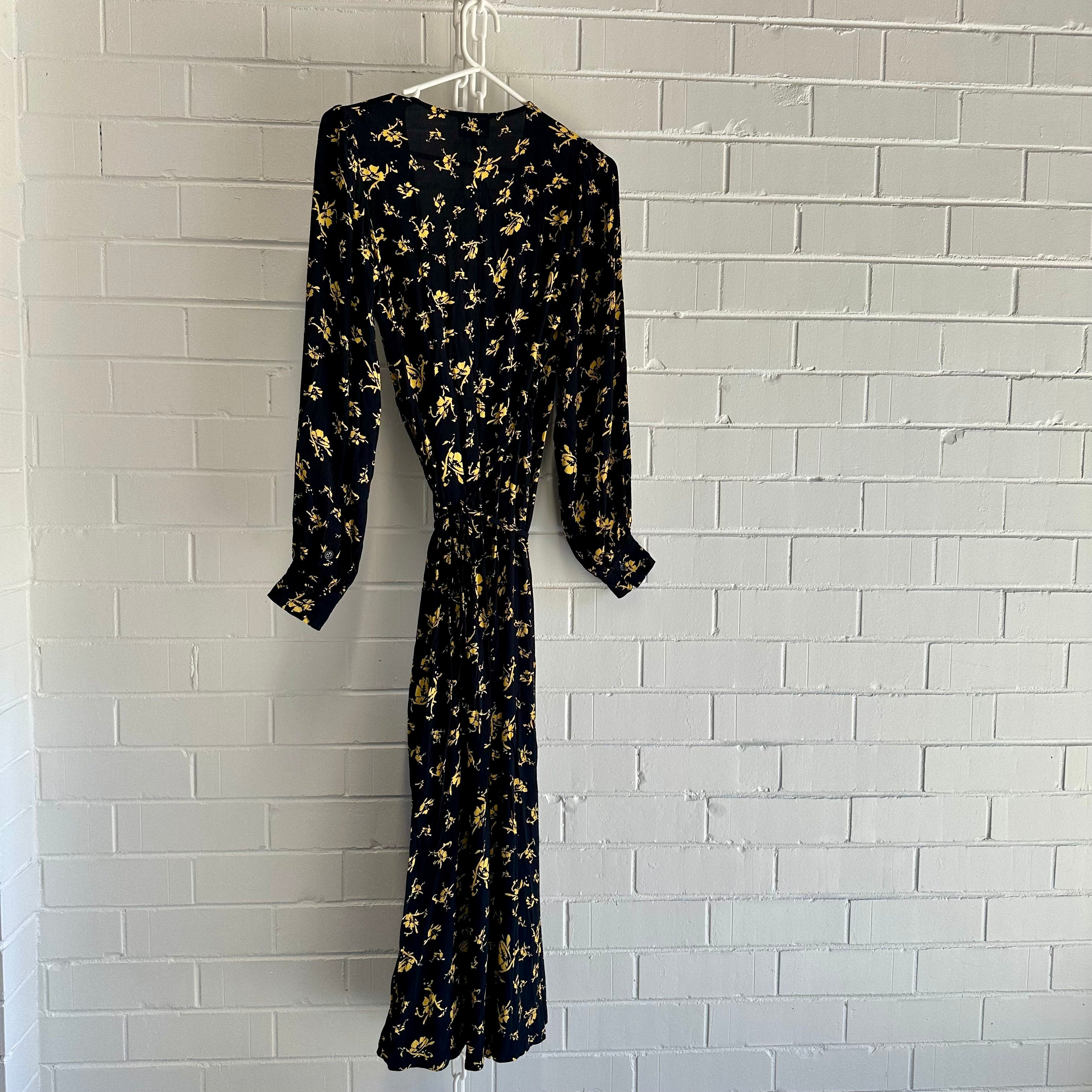 GANNI Black based floral, long Wrap Dress Size 40 AU12 US8 Balloon sleeve