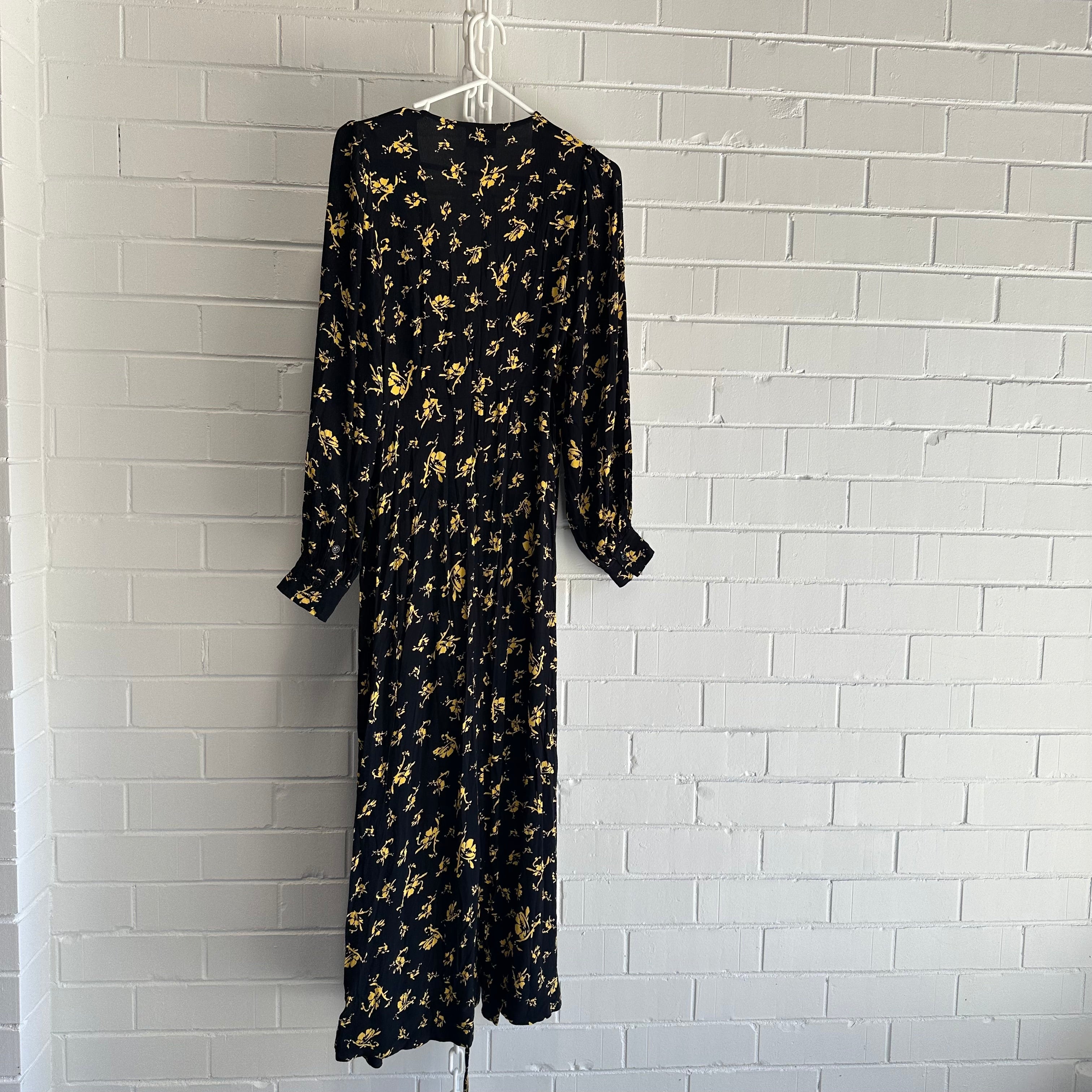 GANNI Black based floral, long Wrap Dress Size 40 AU12 US8 Balloon sleeve