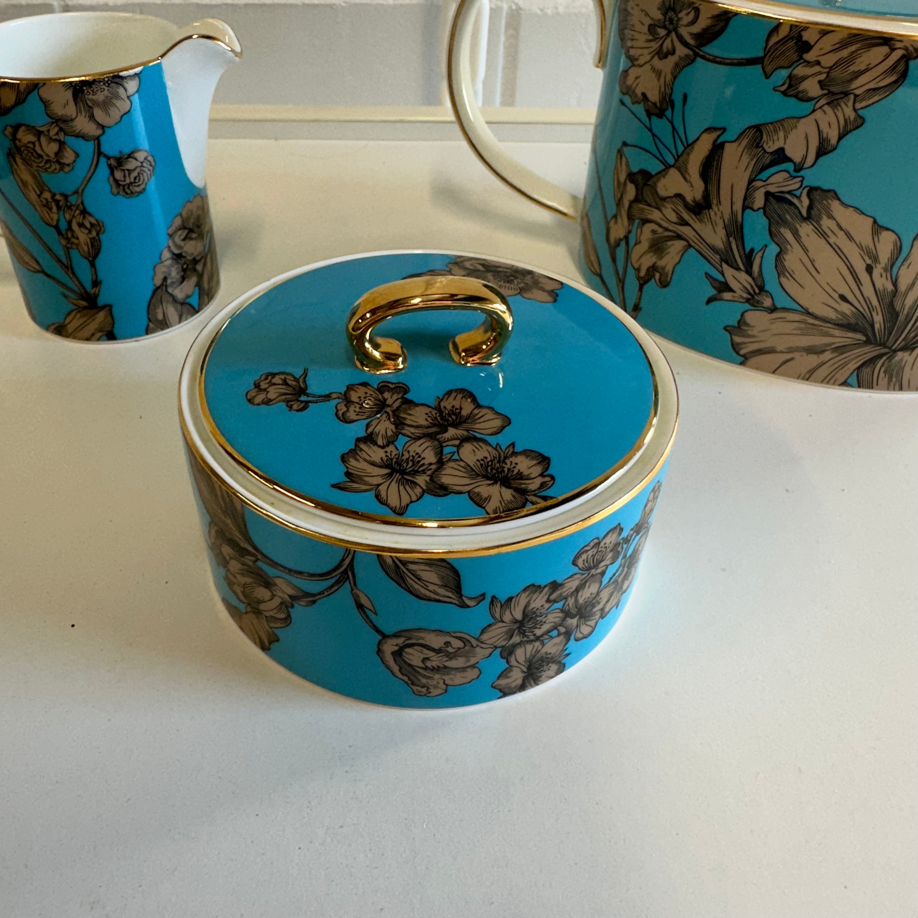 WEDGEWOOD VIBRANCE SET Teapot 1L, Sugar and Creamer, Turquoise Floral