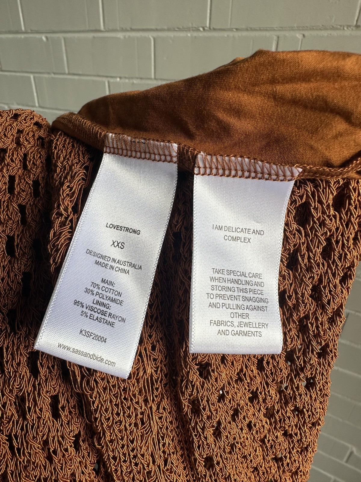 SASS & BIDE "Dig it" Crochet Knit Top & Midi Skirt SET- Tabacco XXS BNWT