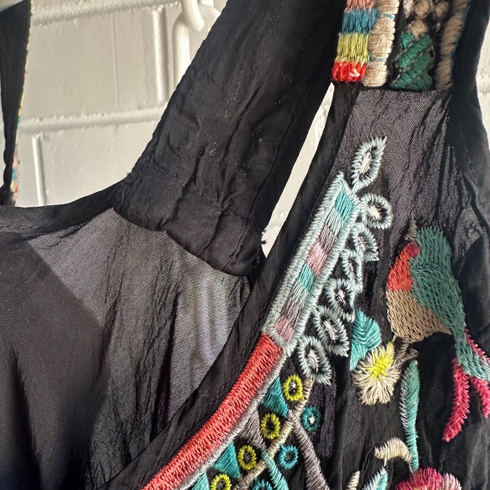 Johnny Was Black Embroidered Boho Midi Dress - Size S - Floral Peacock