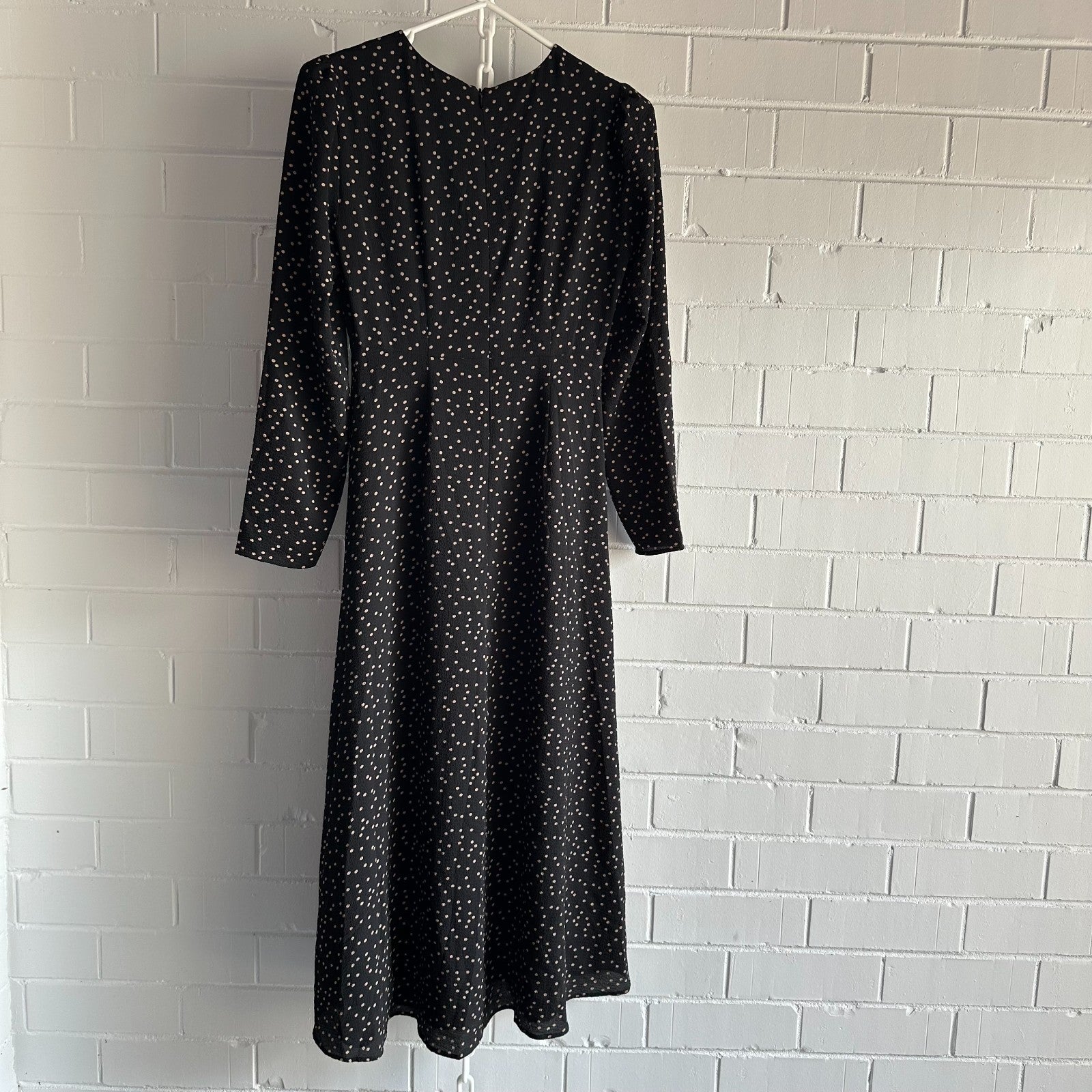 SEED HERITAGE Long Sleeve Spot Midi Dress AU 6 Black with Latte polka dot