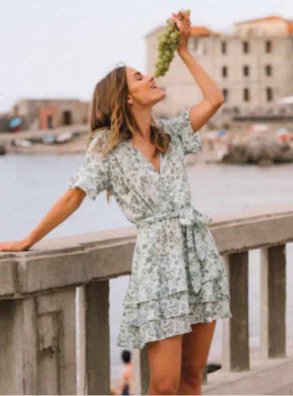 KIVARI Valley Floral Mini Dress Size AU14 US10 Viscose Tiered, Flutter Sleeves