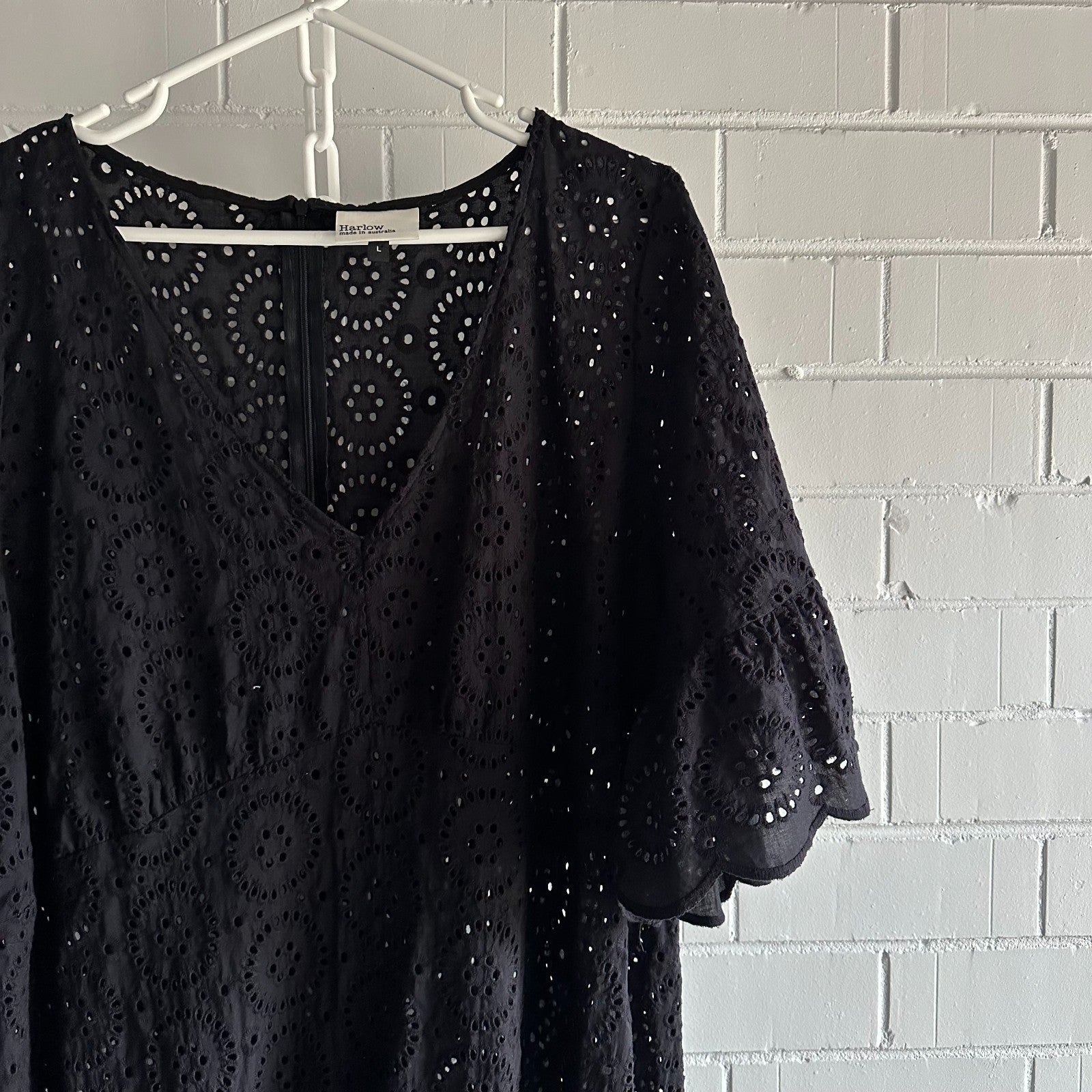 HARLOW Cotton Broderie Anglaise Black Maxi dress Size L PLUS Elastic waist Boho