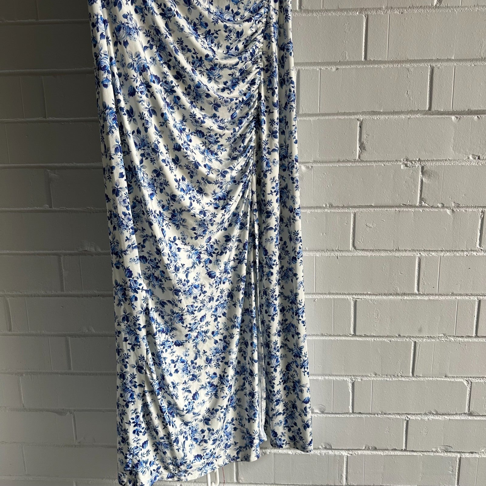 MAJE Floral Sleeveless Midi Dress EU40 AU12 Ruched Bodycon Blue and Ivory