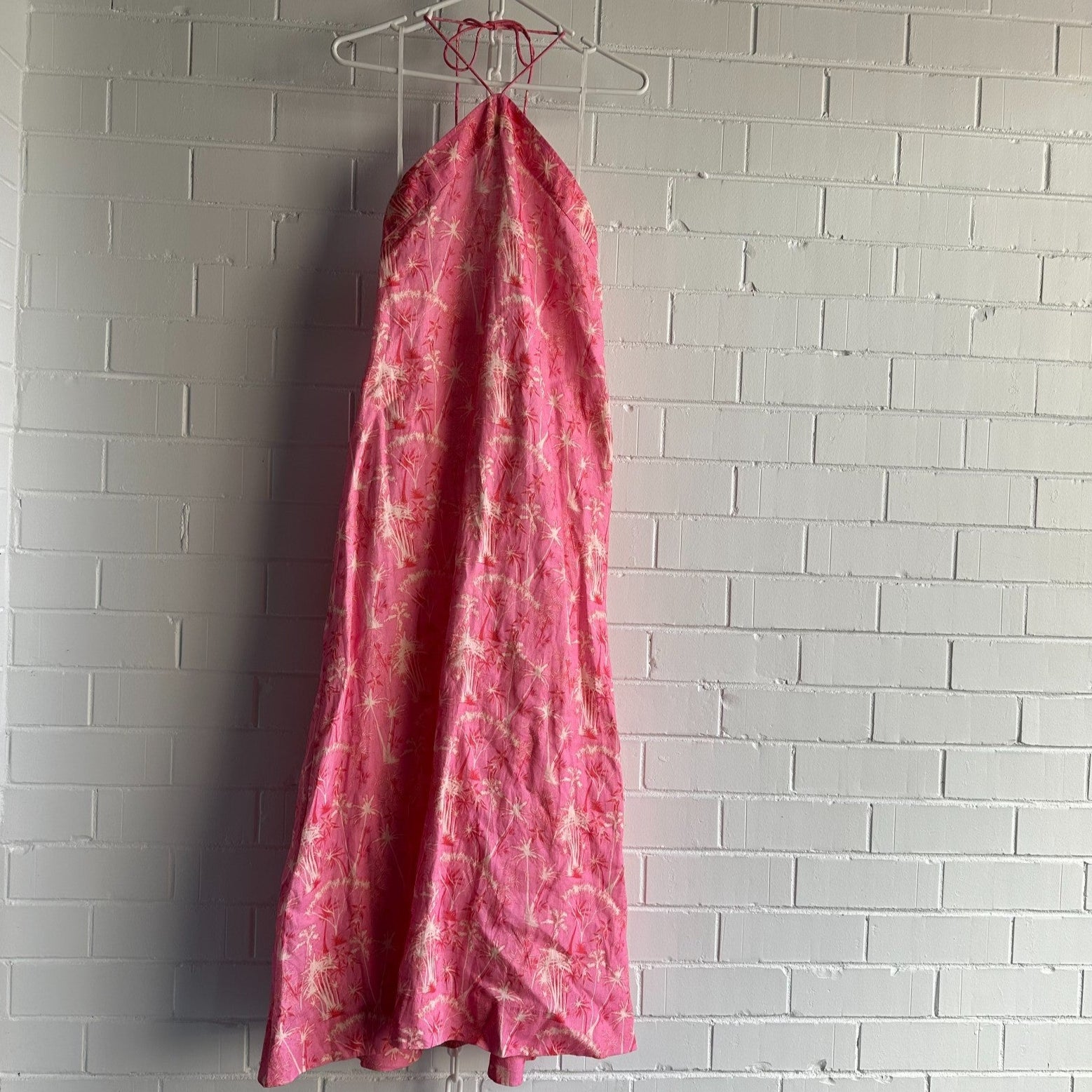 PALM NOOSA Isabella Halter Midi Dress AU8 Pink Palms Linen Resort BNWT