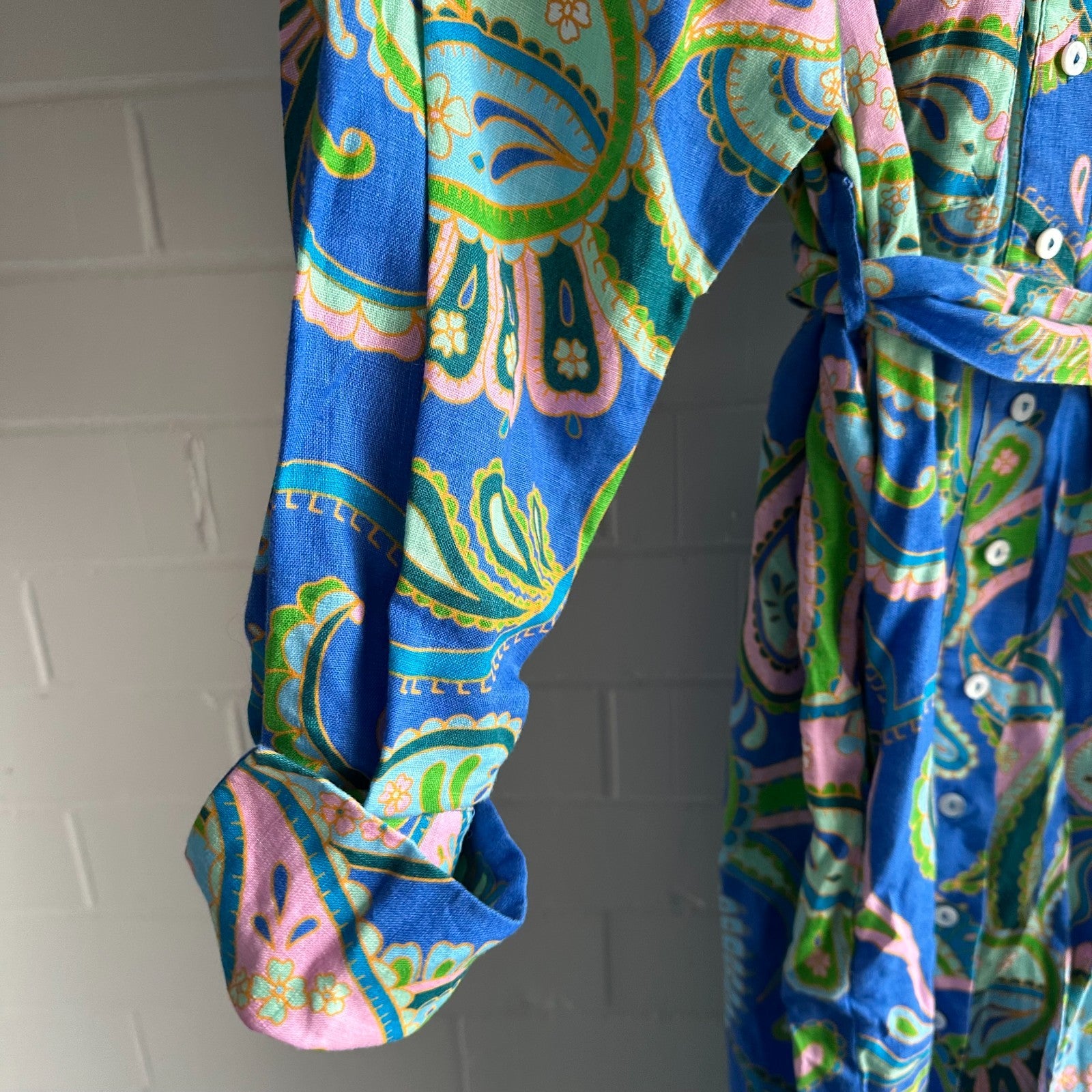 SHEIKE Balearic Sea Linen Midi Shirtdress AU8 US4 Paisley Long sleeved Blue