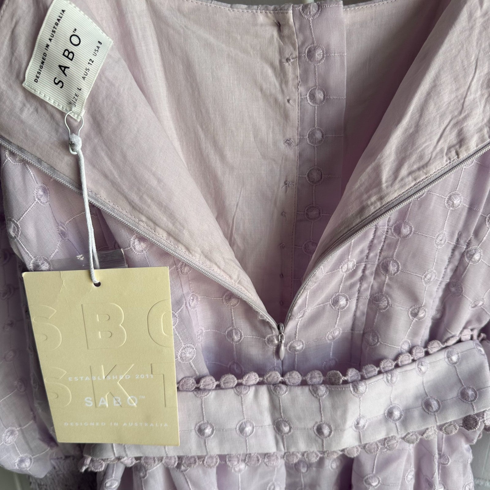 SABO Belted Larose Mini Dress Size L AU12 US8 Lilac ¾ Sleeve