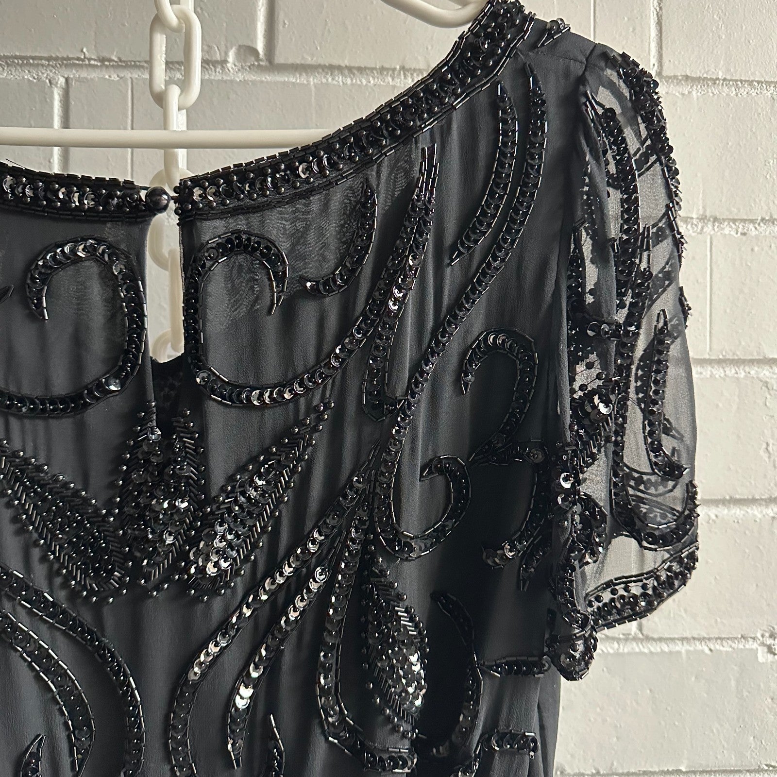 VINTAGE A.J. Bari Designer Black Silk Beaded sequinned Top Size M 1980’s Black