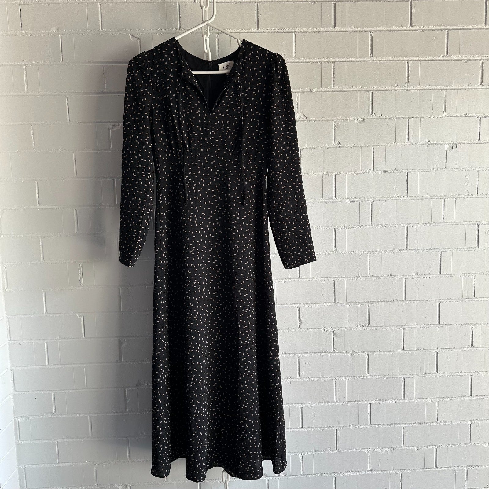 SEED HERITAGE Long Sleeve Spot Midi Dress AU 6 Black with Latte polka dot