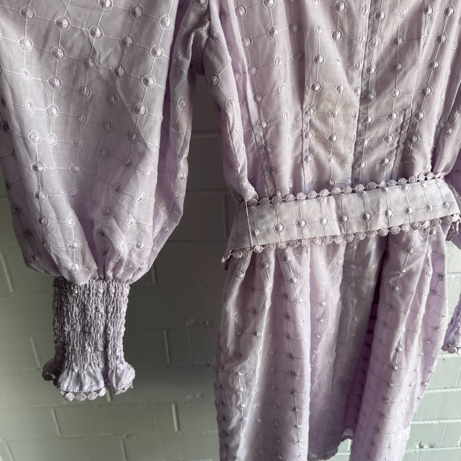 SABO Belted Larose Mini Dress Size L AU12 US8 Lilac ¾ Sleeve