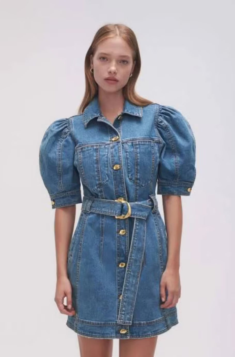 AJE Adriana Puff Sleeve Denim Mini Shirt Dress AU8 90's Blue