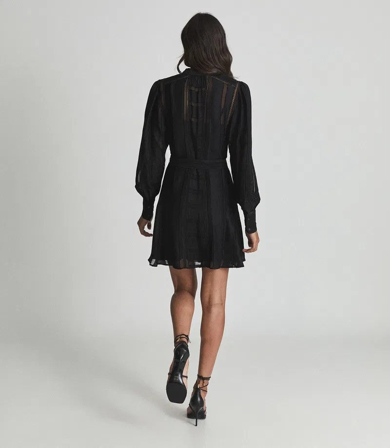 REISS Harriet Flippy Shirtdress, Black Chiffon Lace inserts Size AU14 US 10, LBD
