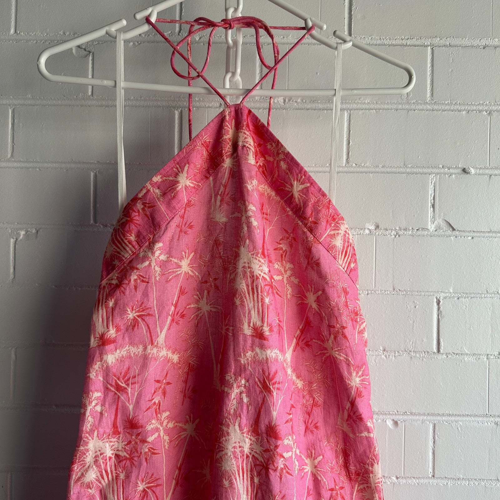 PALM NOOSA Isabella Halter Midi Dress AU8 Pink Palms Linen Resort BNWT