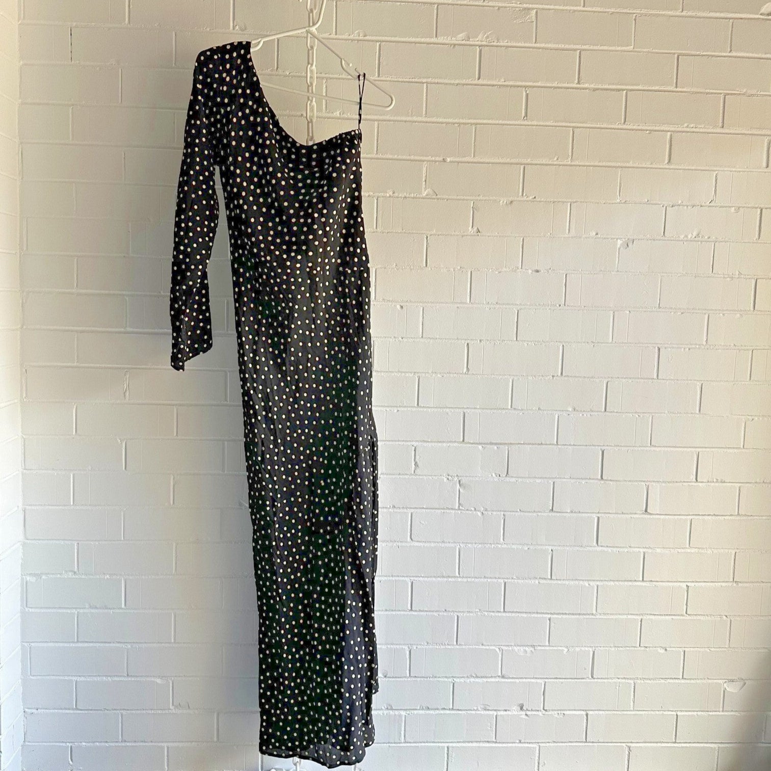 FAITHFULL THE BRAND Black and Cream Poka dot Tocha Maxi Dress AU14 US10 Assym