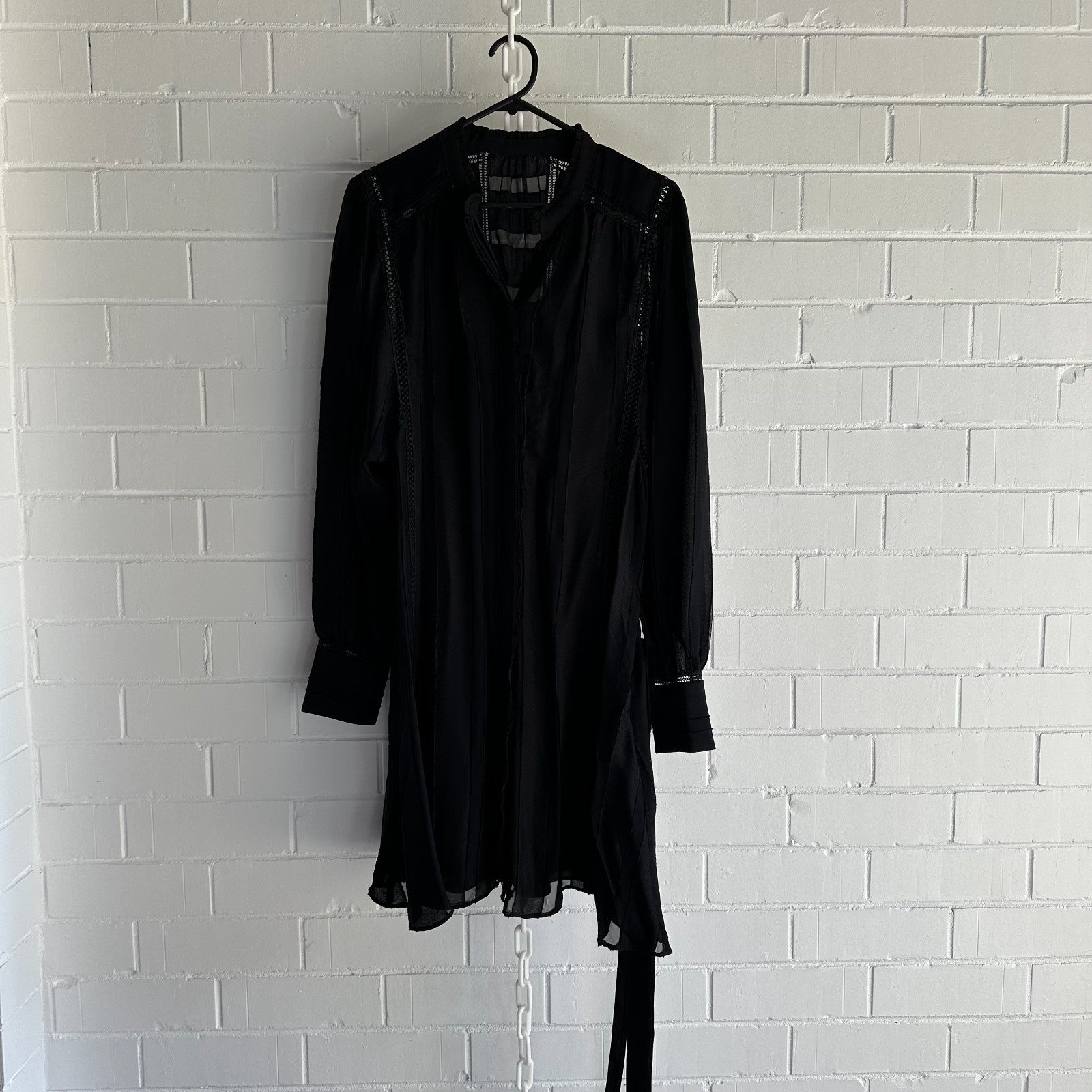 REISS Harriet Flippy Shirtdress, Black Chiffon Lace inserts Size AU14 US 10, LBD