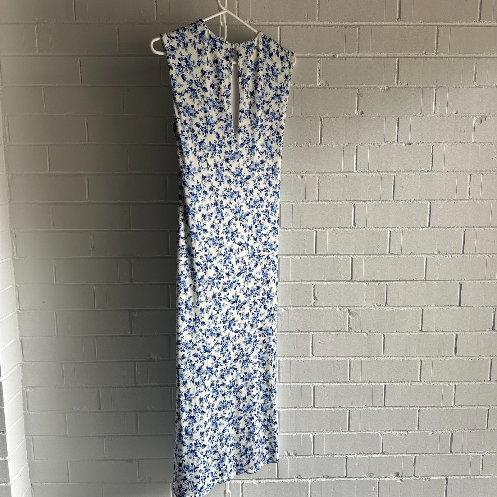 MAJE Floral Sleeveless Midi Dress EU40 AU12 Ruched Bodycon Blue and Ivory