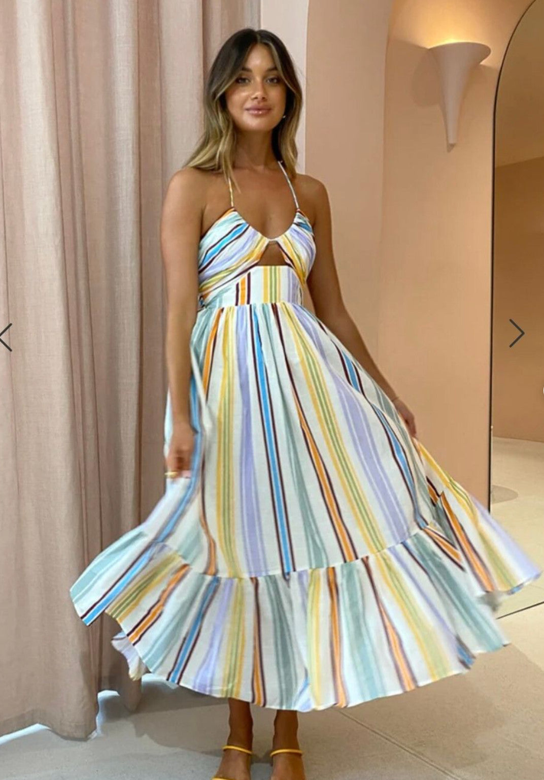 ALEMAIS Axum Tuck Front Midi Dress Size AU6 US2 Multi colour stripe Holiday