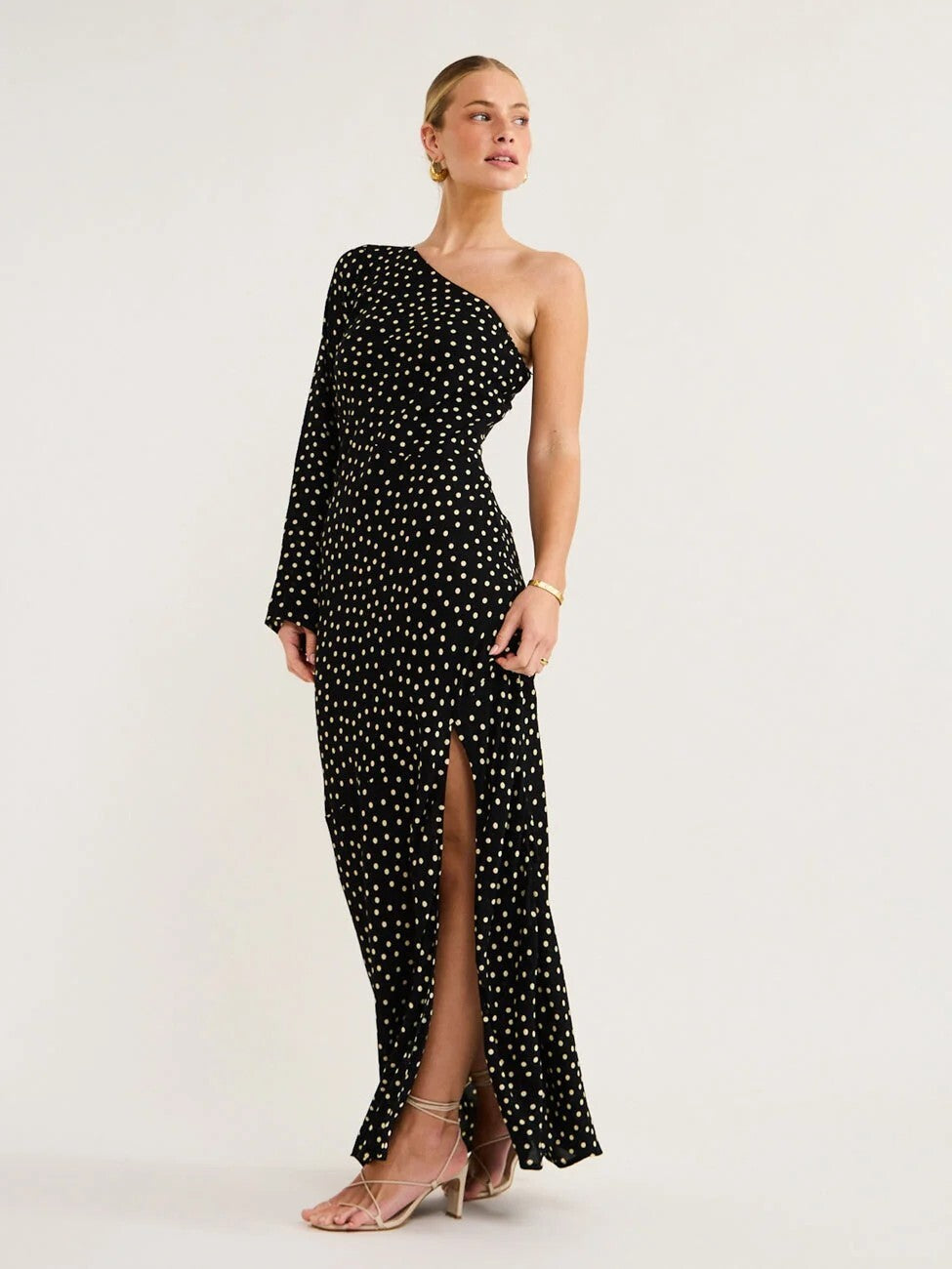 FAITHFULL THE BRAND Black and Cream Poka dot Tocha Maxi Dress AU14 US10 Assym