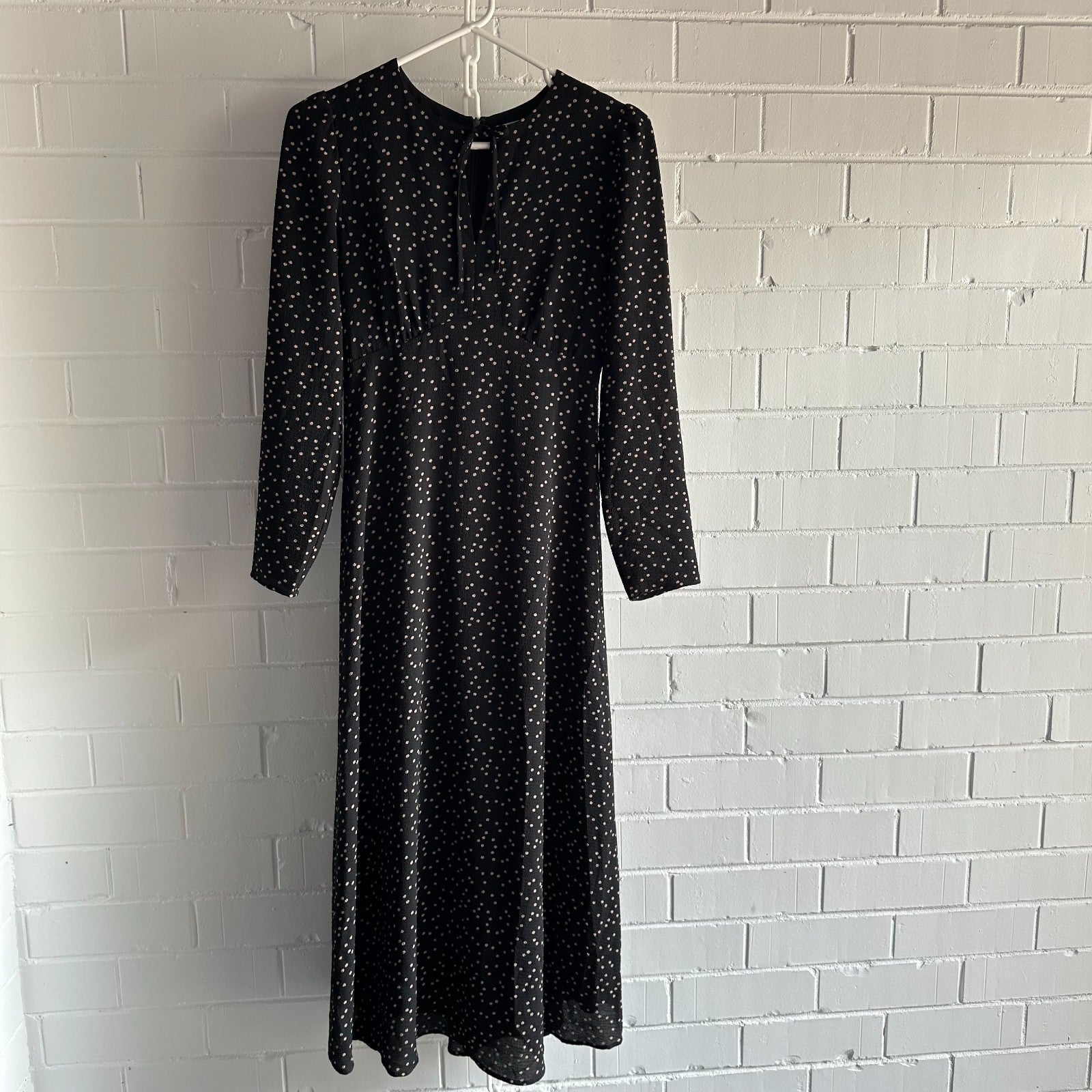 SEED HERITAGE Long Sleeve Spot Midi Dress AU 6 Black with Latte polka dot
