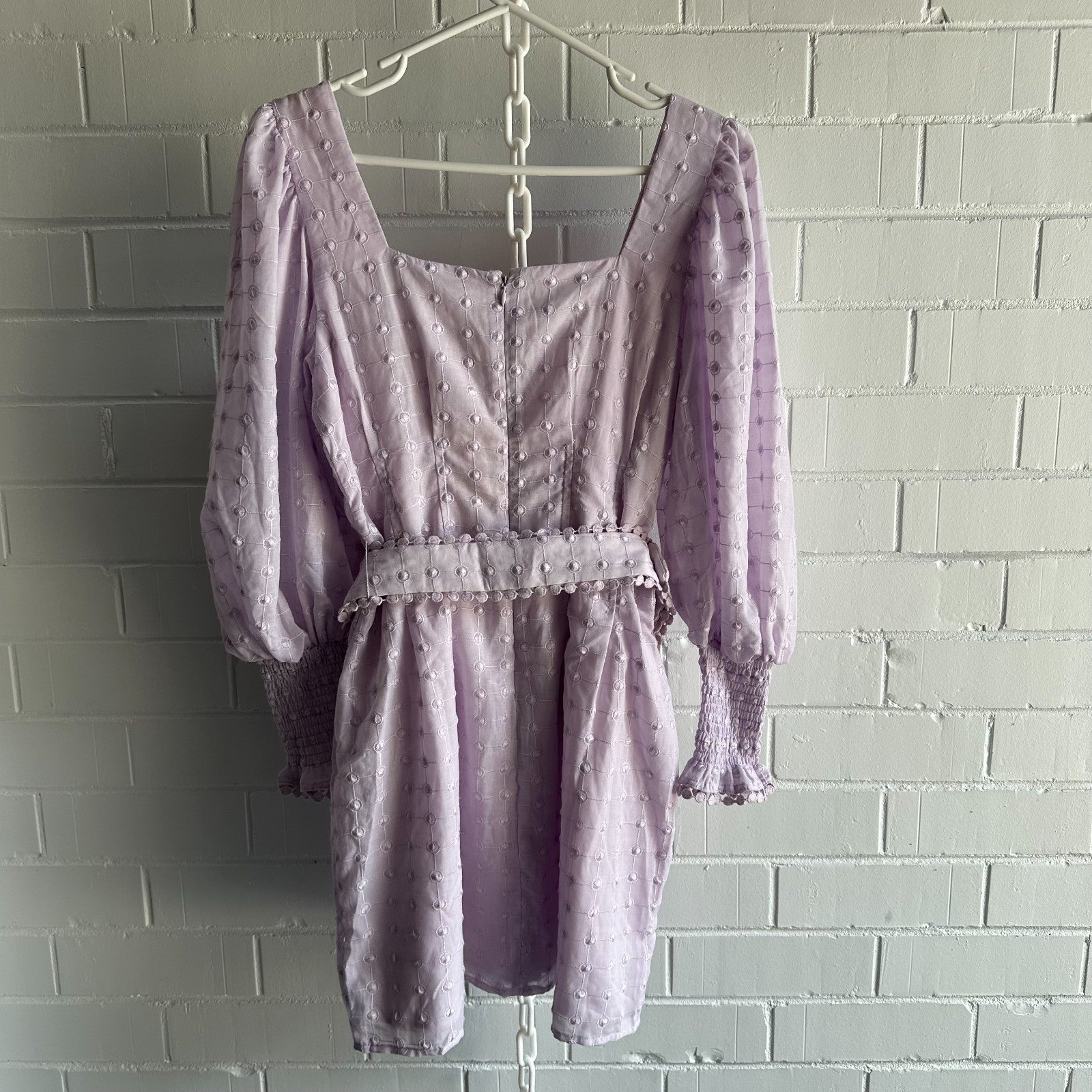 SABO Belted Larose Mini Dress Size L AU12 US8 Lilac ¾ Sleeve