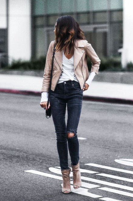 KOOKAI Rush Eggshell Pink Genuine Leather Size S Pretty Biker Zip Long Sleeve