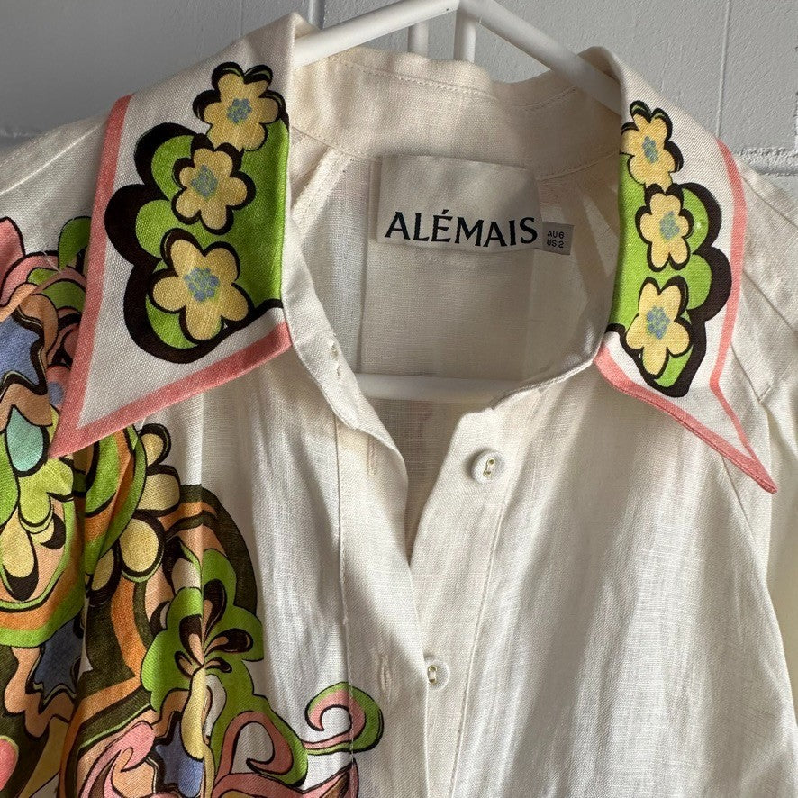 ALEMAIS Starscape Shirtdress AU 6 US 2 Cream Multi Linen