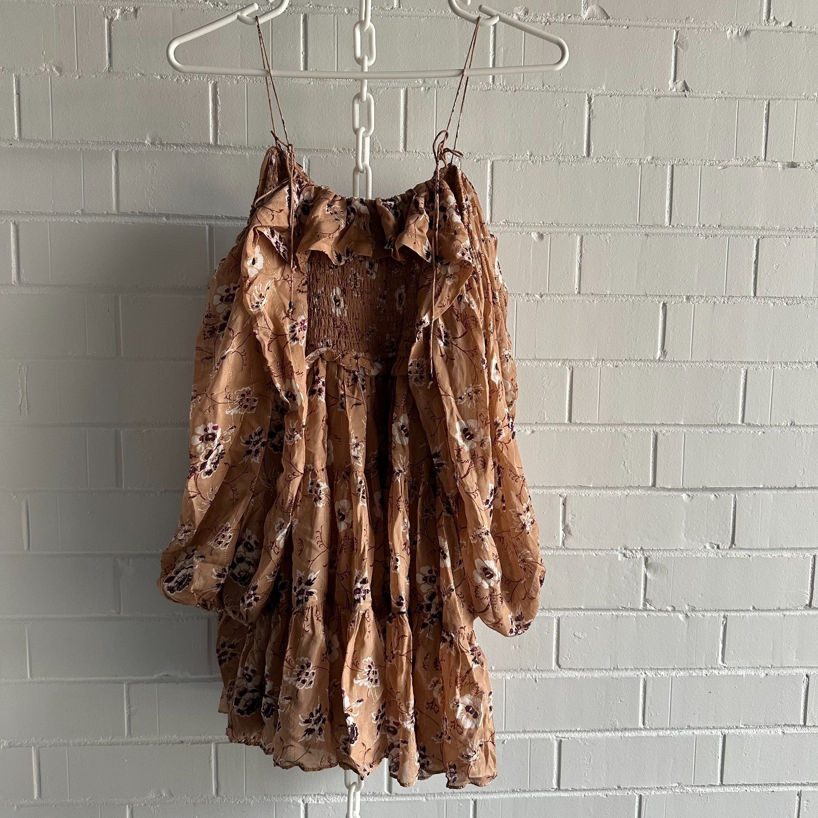 ULLA JOHNSON Monet Smocked silk Floral Size 2 AU6 Beige Off shoulder long sleeve