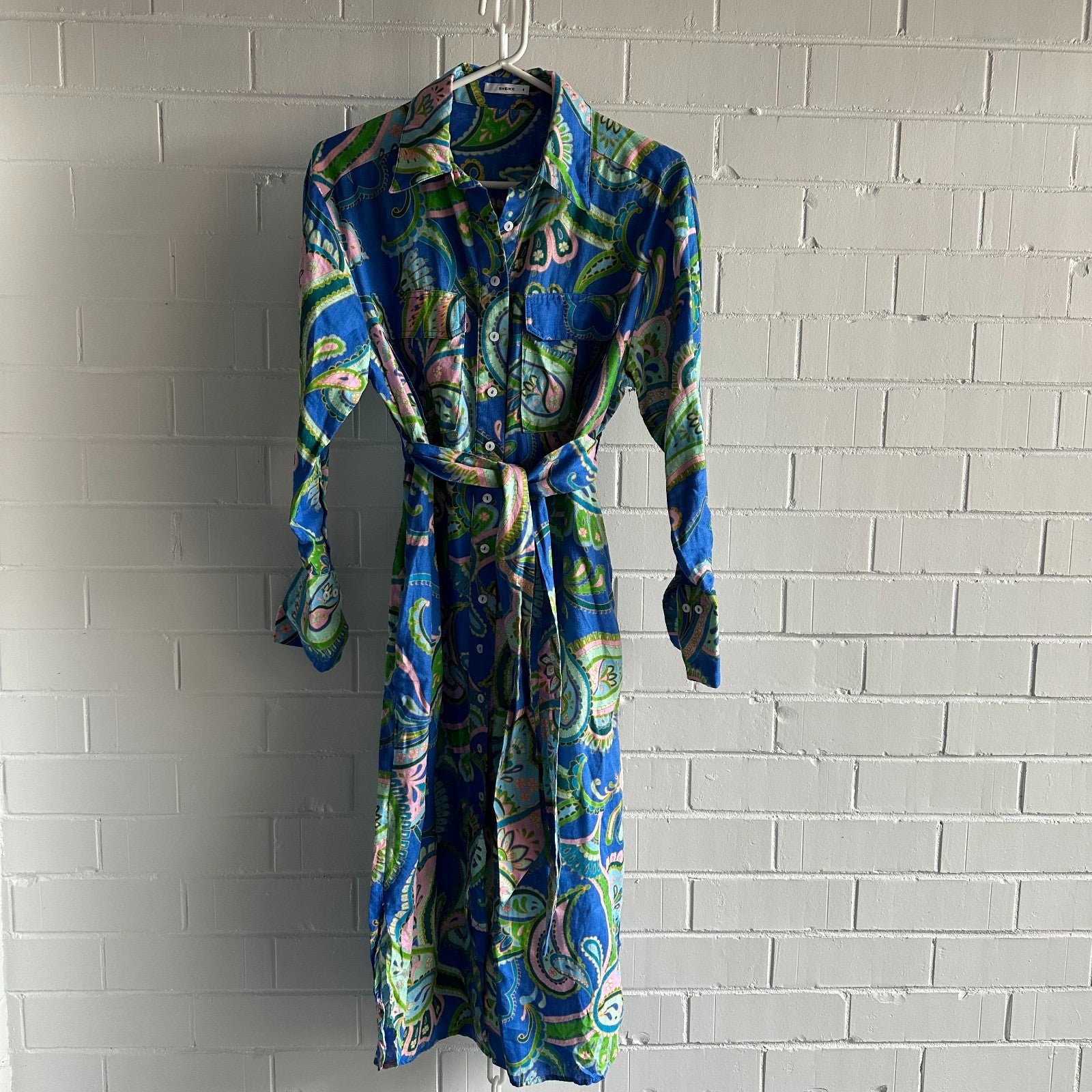 SHEIKE Balearic Sea Linen Midi Shirtdress AU8 US4 Paisley Long sleeved Blue