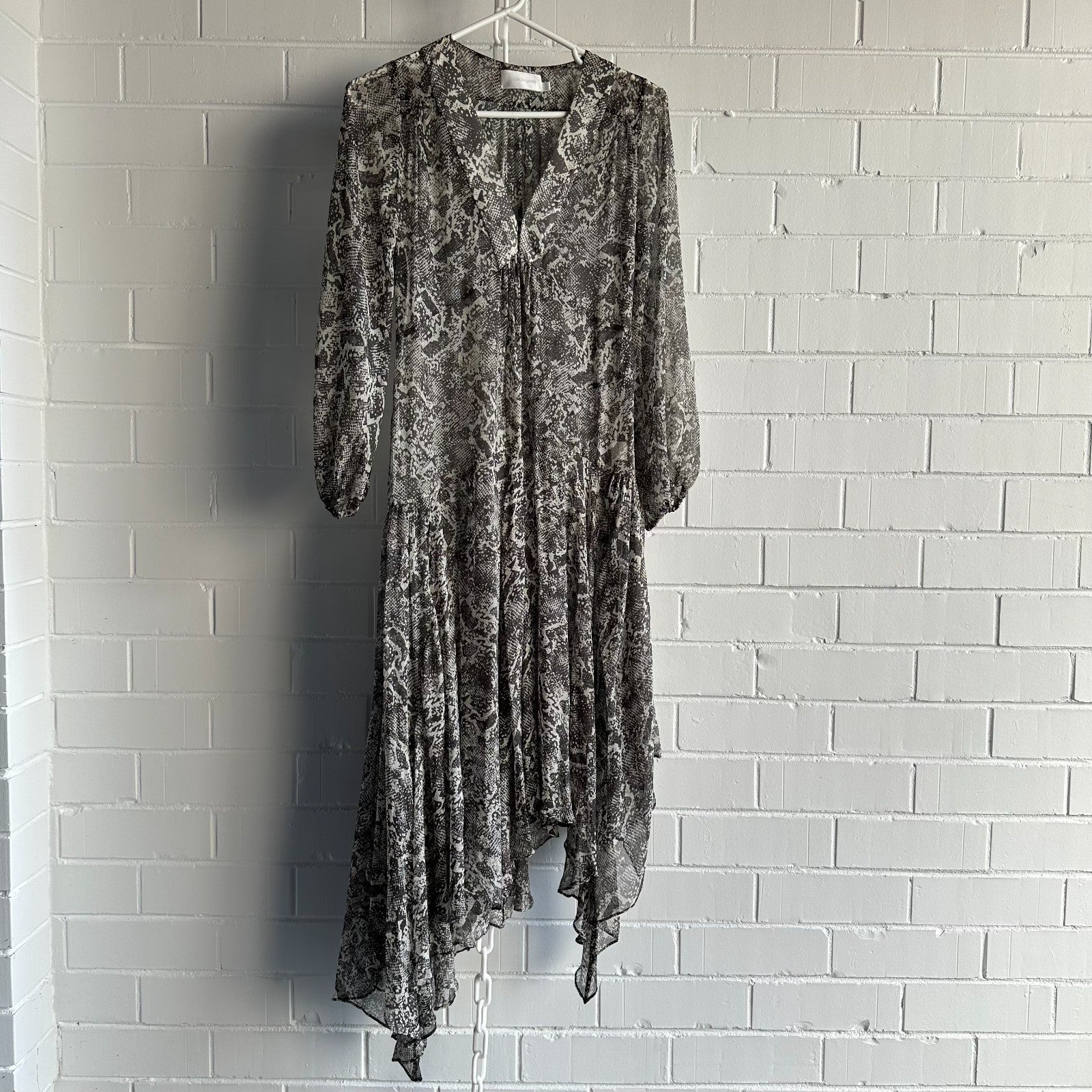 ZIMMERMANN Gemma Snakeskin Print Assymmetric Midi Maxi Dress Size1 AU8-10 Silk