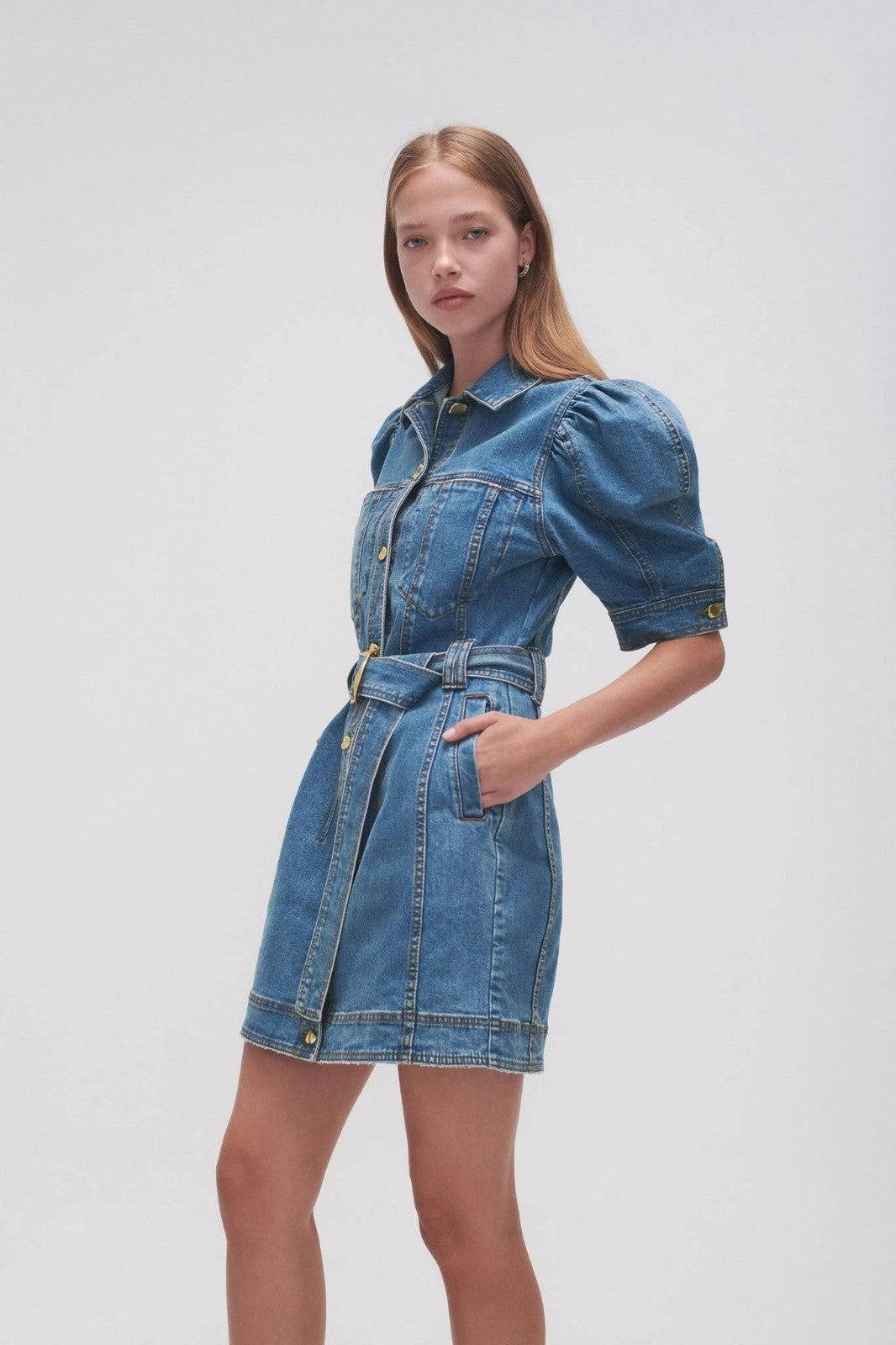 AJE Adriana Puff Sleeve Denim Mini Shirt Dress AU8 90's Blue