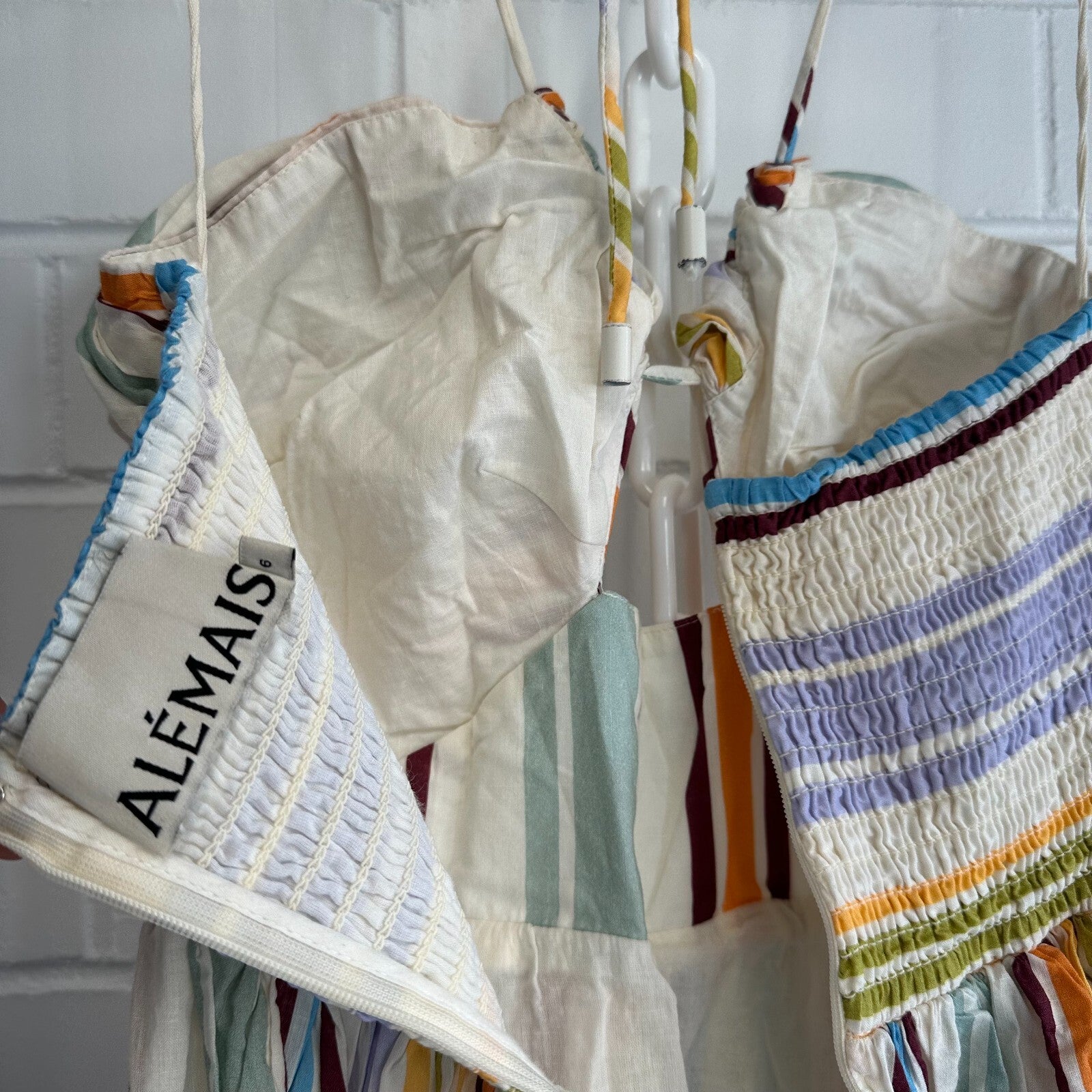 ALEMAIS Axum Tuck Front Midi Dress Size AU6 US2 Multi colour stripe Holiday