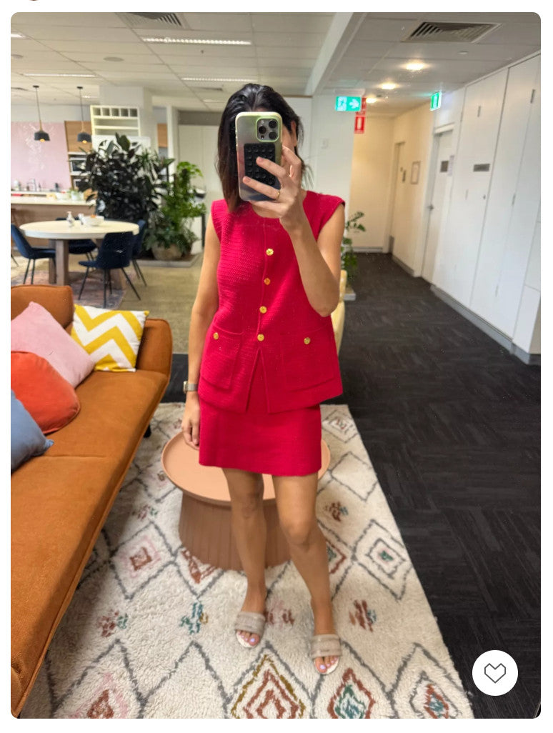 ONTE Helena Gilet & Mini Skirt knit SET Size S Red AU8 US4 Cotton Gold hardware