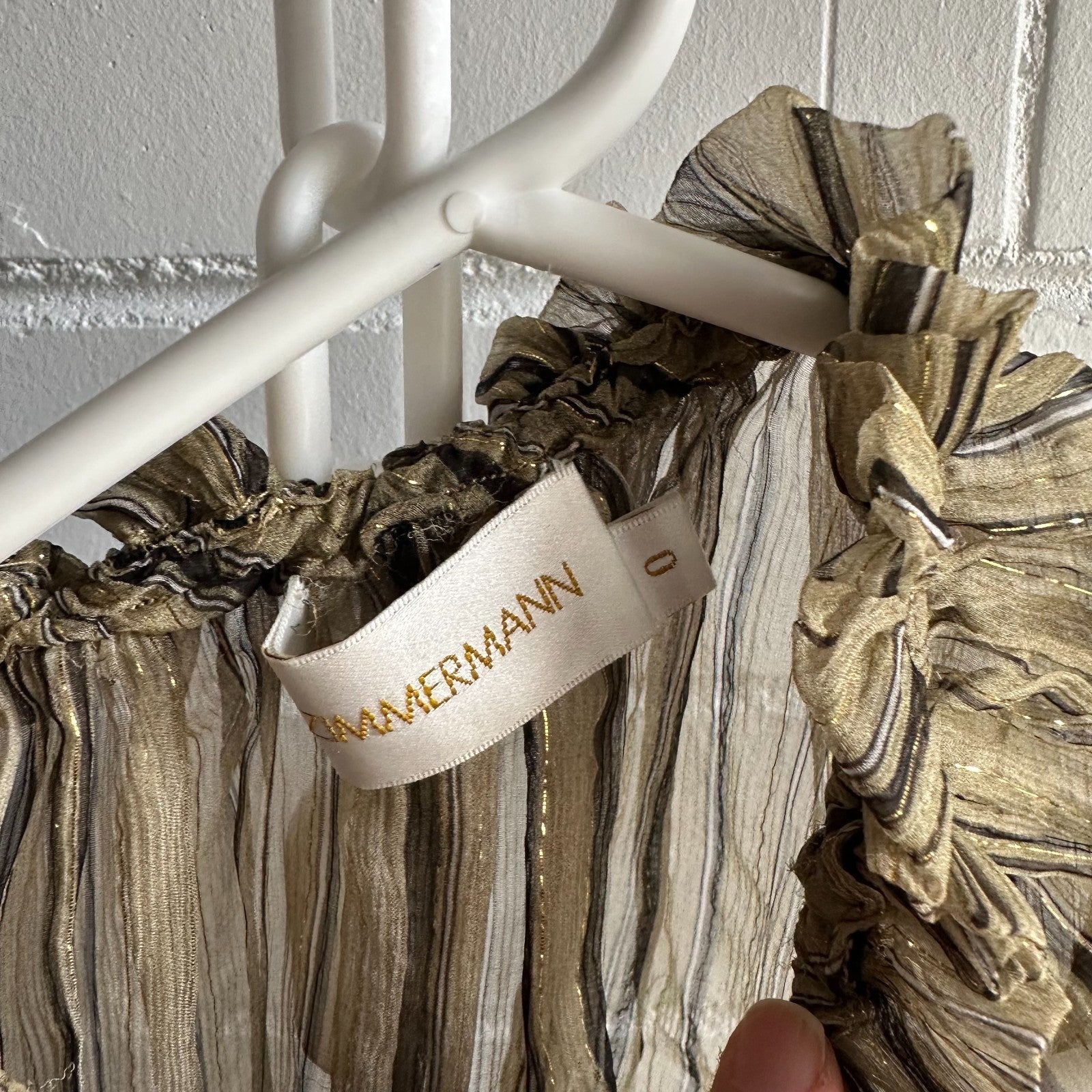 ZIMMERMANN Empire Ruffle Top Size 0 AU8 Sheer Lurex Stripe High Neck Blouse