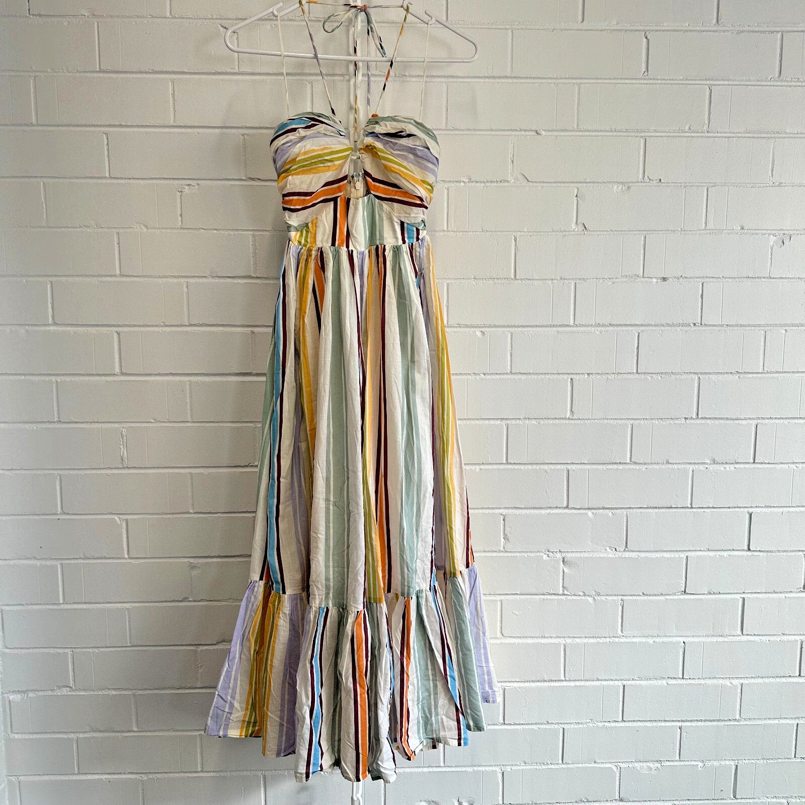 ALEMAIS Axum Tuck Front Midi Dress Size AU6 US2 Multi colour stripe Holiday