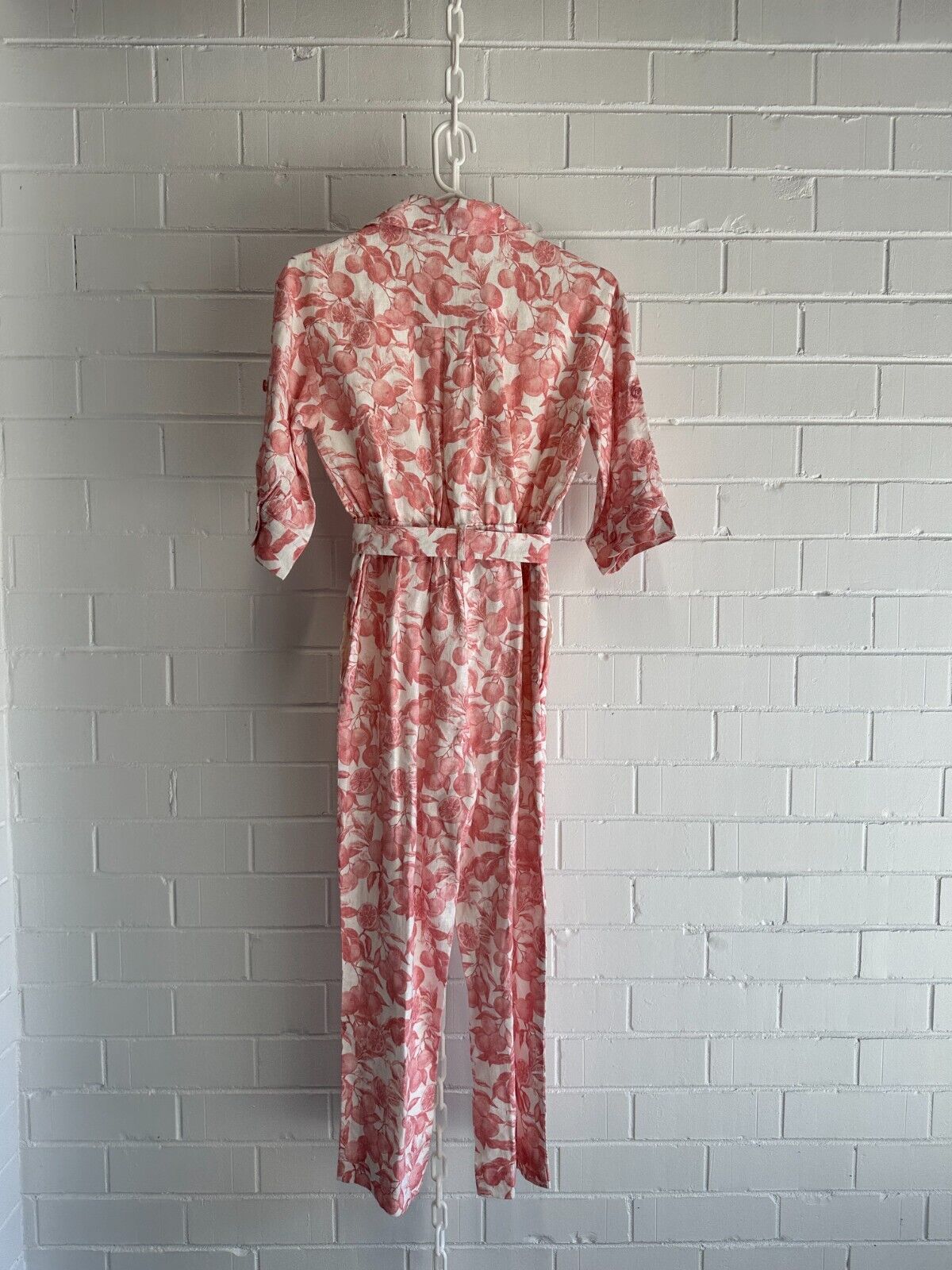 MARCS Jumpsuit Size AU6 US2 Squeeze The Day Pink White Fruit Print Belted Linen