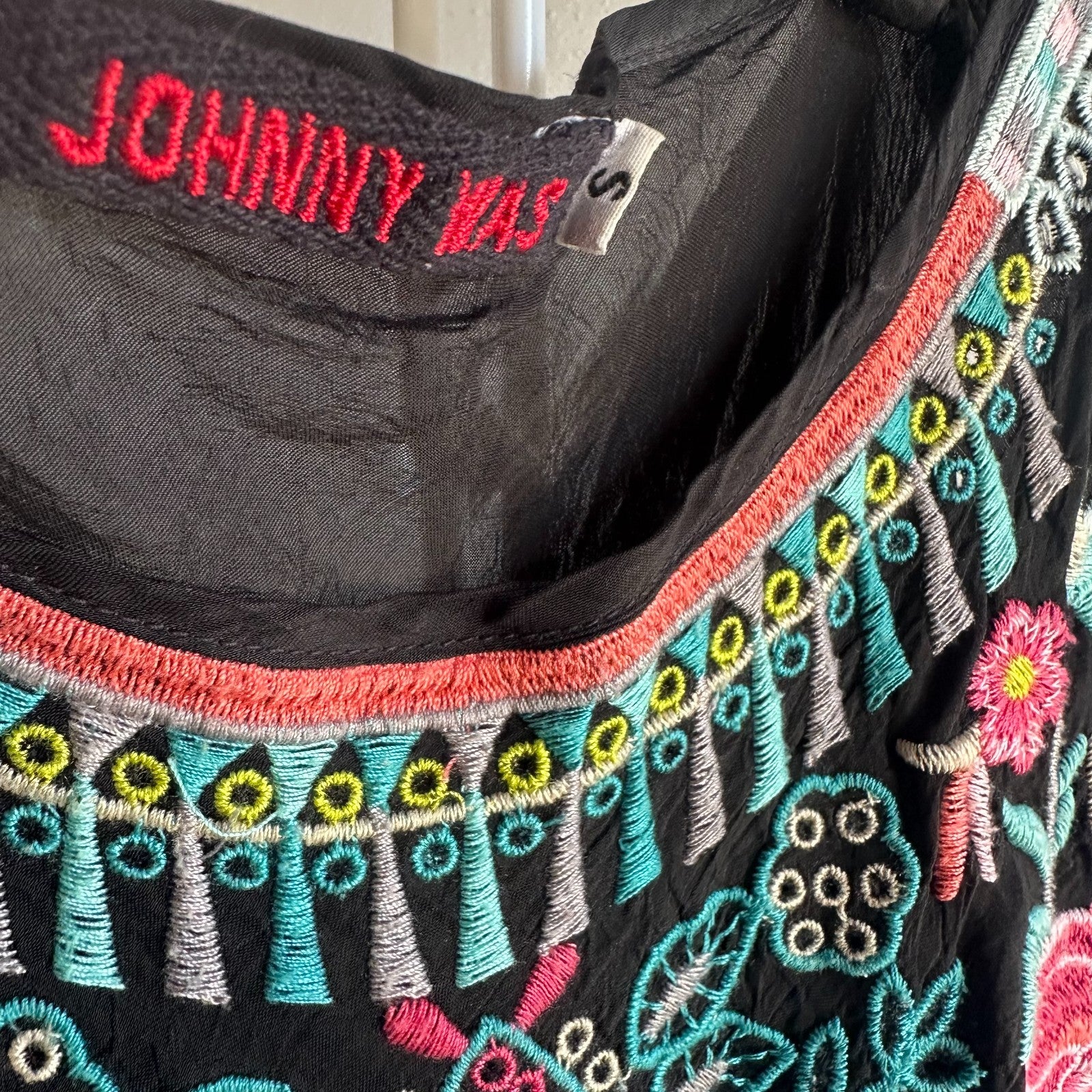 Johnny Was Black Embroidered Boho Midi Dress - Size S - Floral Peacock