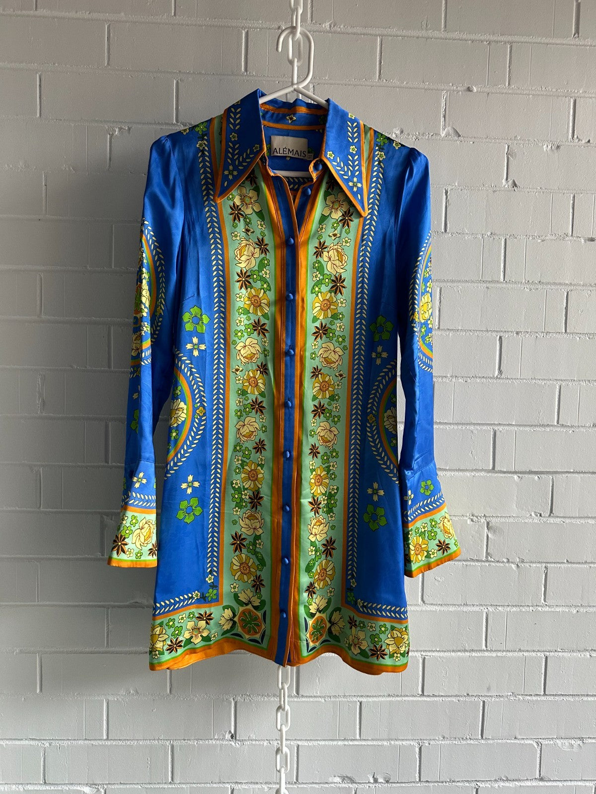 ALEMAIS Cobalt Linda Mini Shirt Dress AU8 US4 Retro scarf print long sleeved