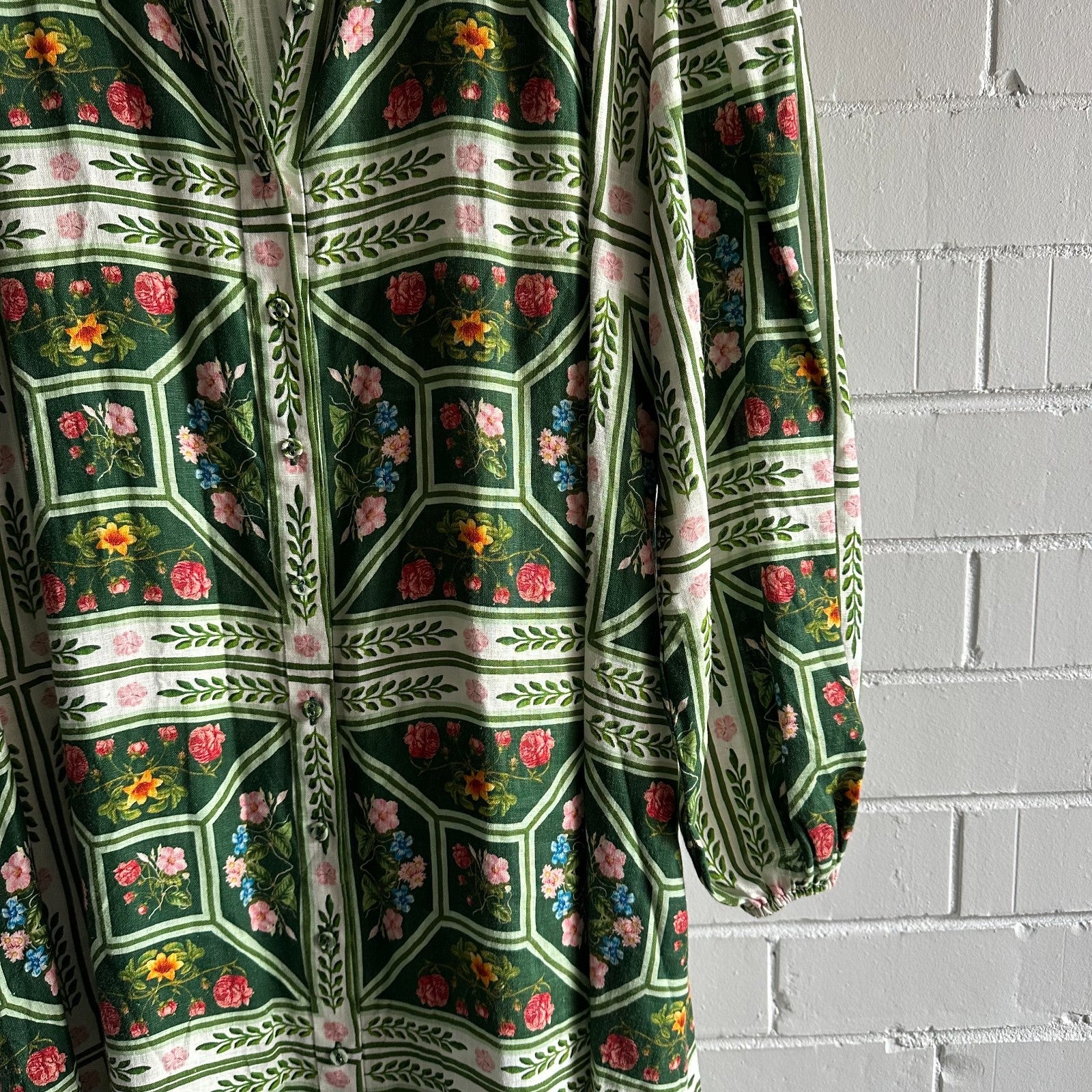 PALM NOOSA Noddy Linen Maxi Dress Size AU8 US4 Flora tiles
