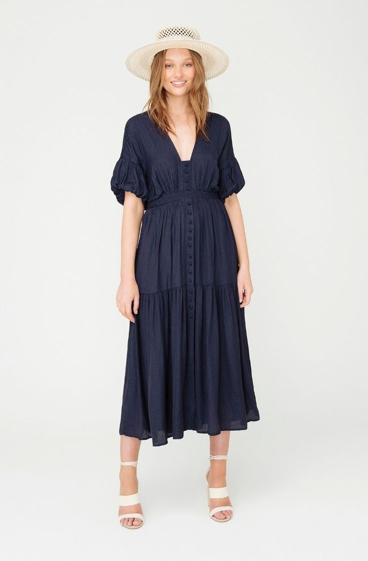 SHEIKE Liberty Navy Midi Tea Dress AU10 Dot Jacquard