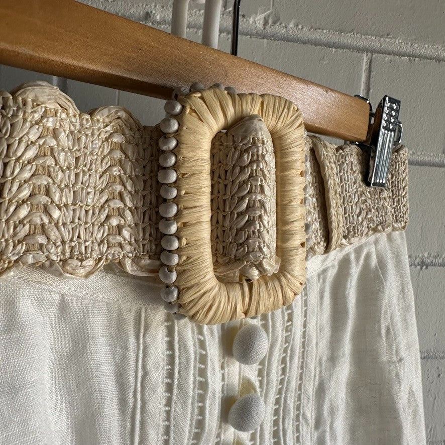 ZIMMERMANN Jude Belted Midi Skirt Sz 2 Ivory Linen Raffia belt