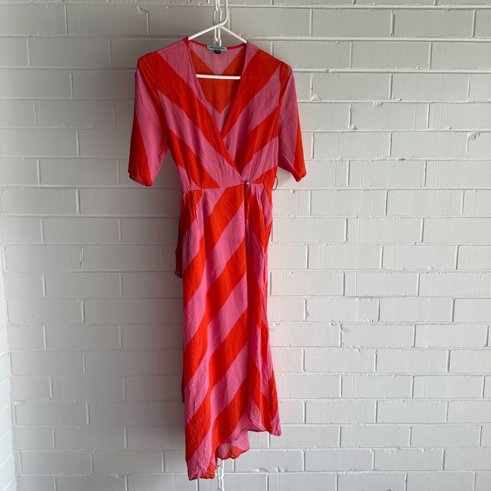 KATE SYLVESTER Keiko Silk Wrap midi dress XS AU6 Chevron Pink/Orange