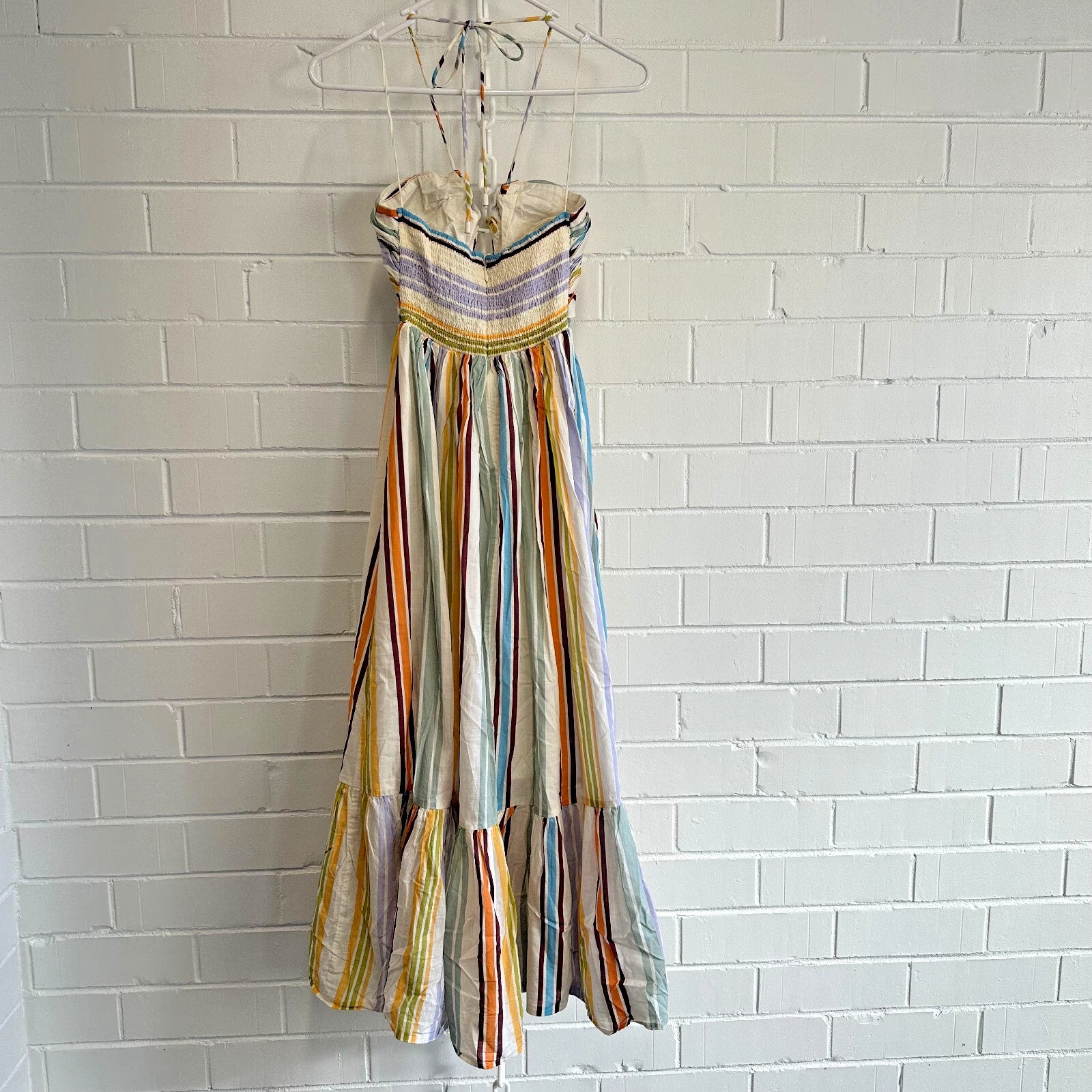 ALEMAIS Axum Tuck Front Midi Dress Size AU6 US2 Multi colour stripe Holiday