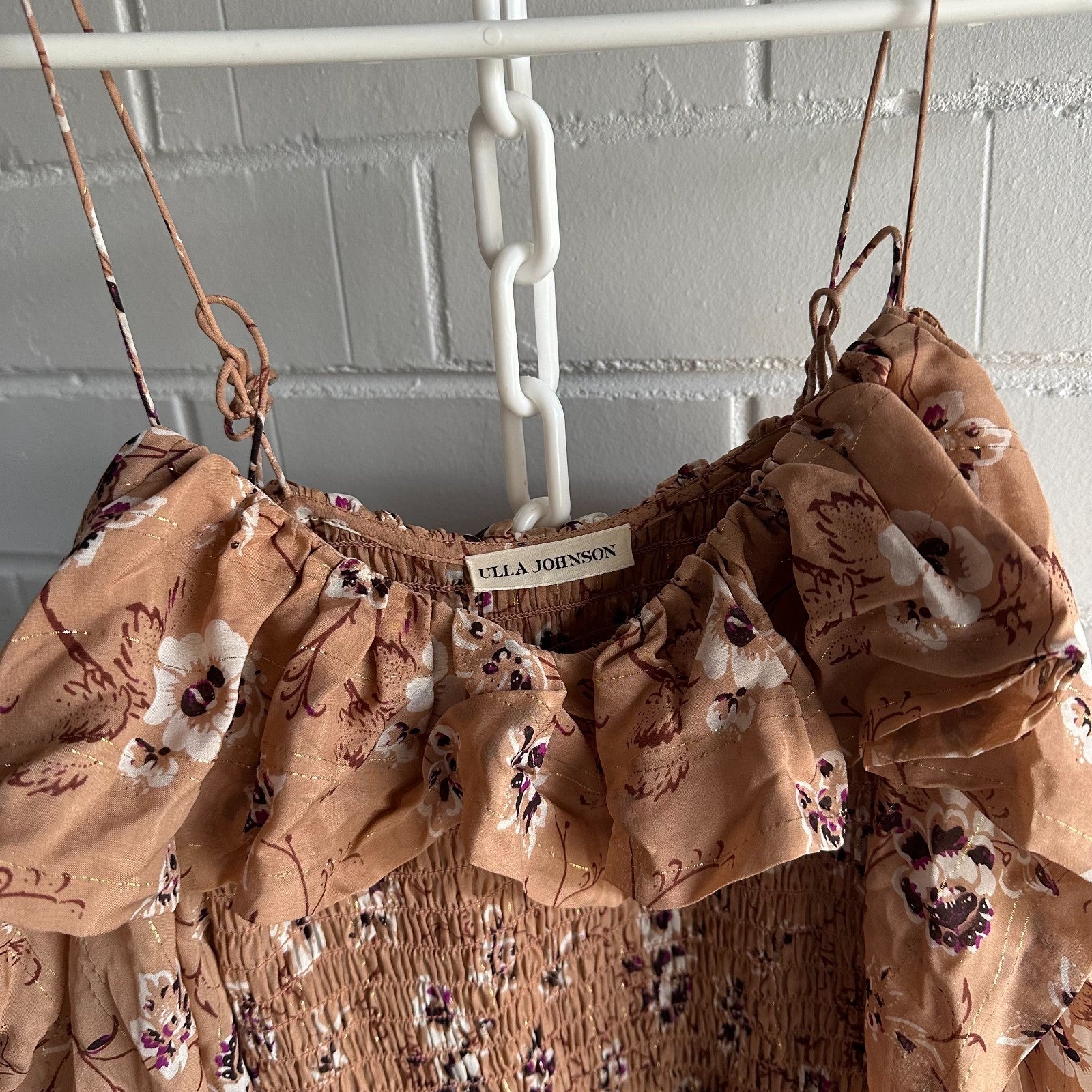 ULLA JOHNSON Monet Smocked silk Floral Size 2 AU6 Beige Off shoulder long sleeve