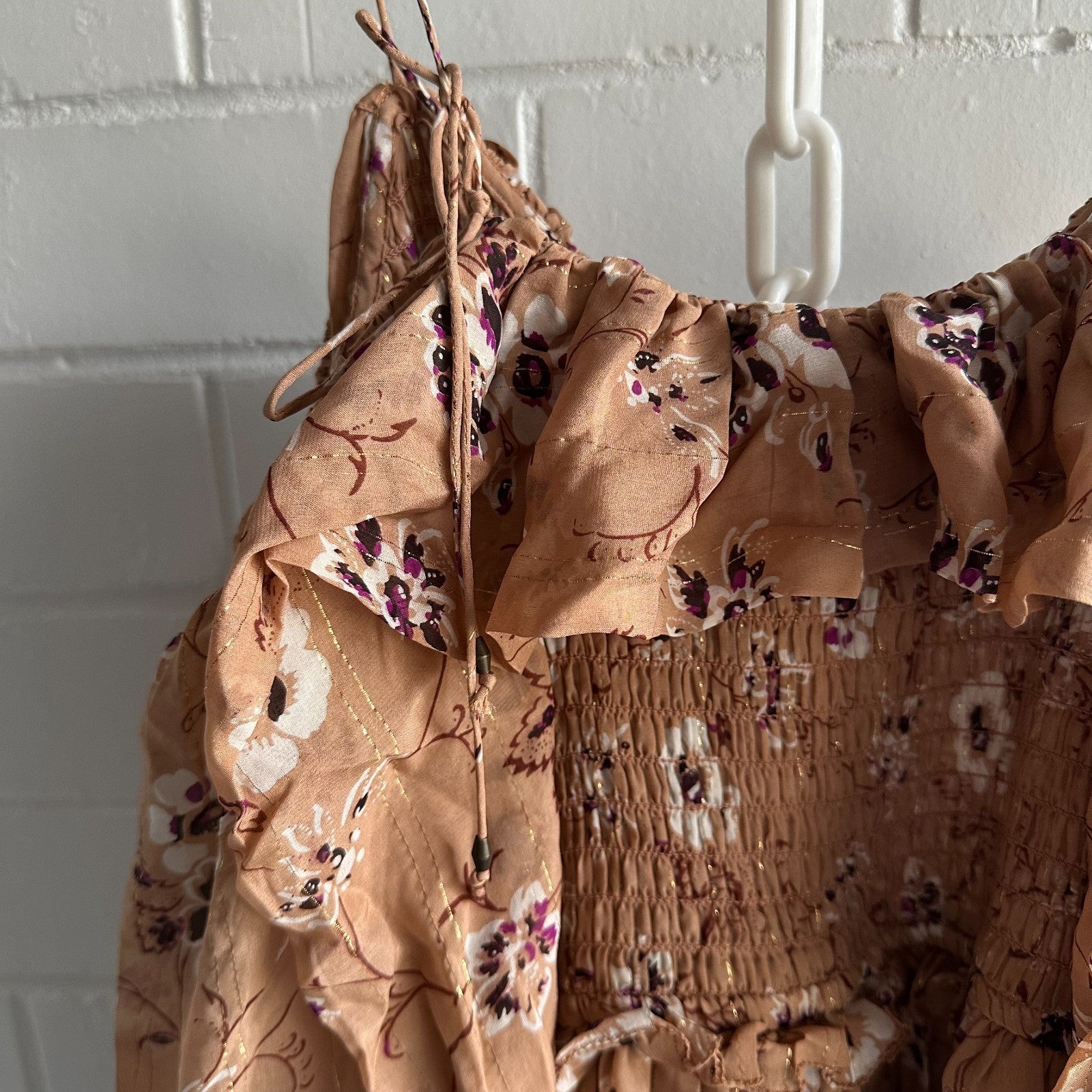 ULLA JOHNSON Monet Smocked silk Floral Size 2 AU6 Beige Off shoulder long sleeve